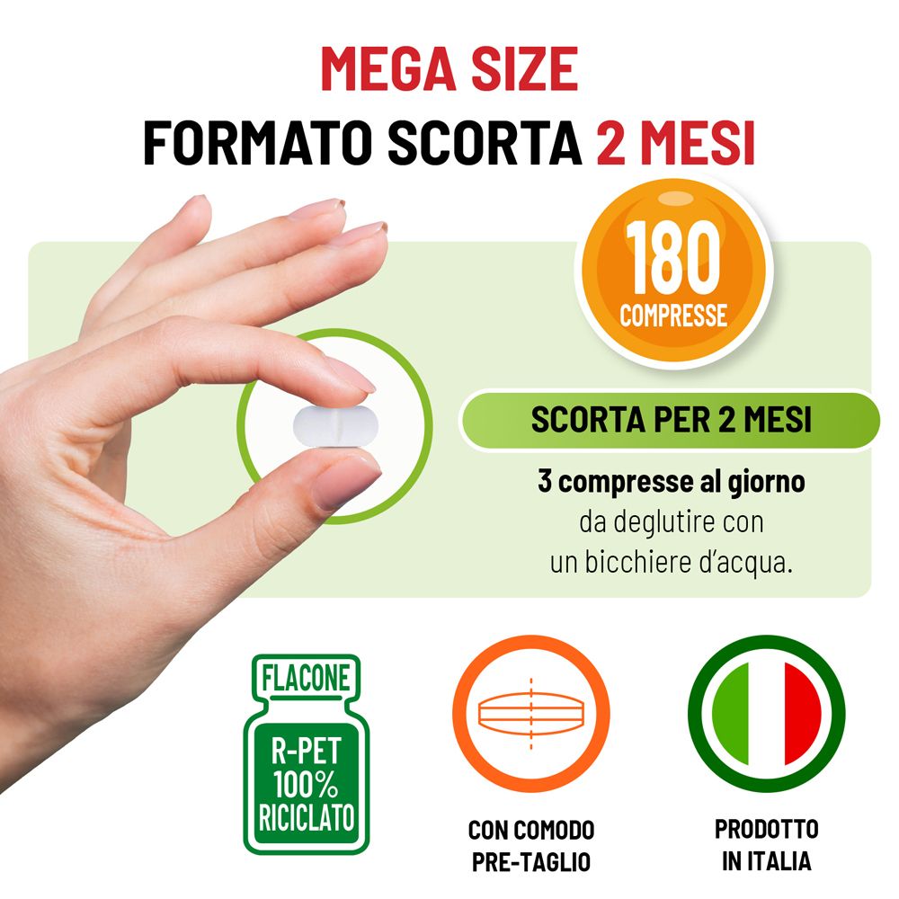 Equilibra Mega Size 180 compresse. Scorta per 2 mesi. 3 compresse al giorno. Flacone R-PET, prodotto in Italia.