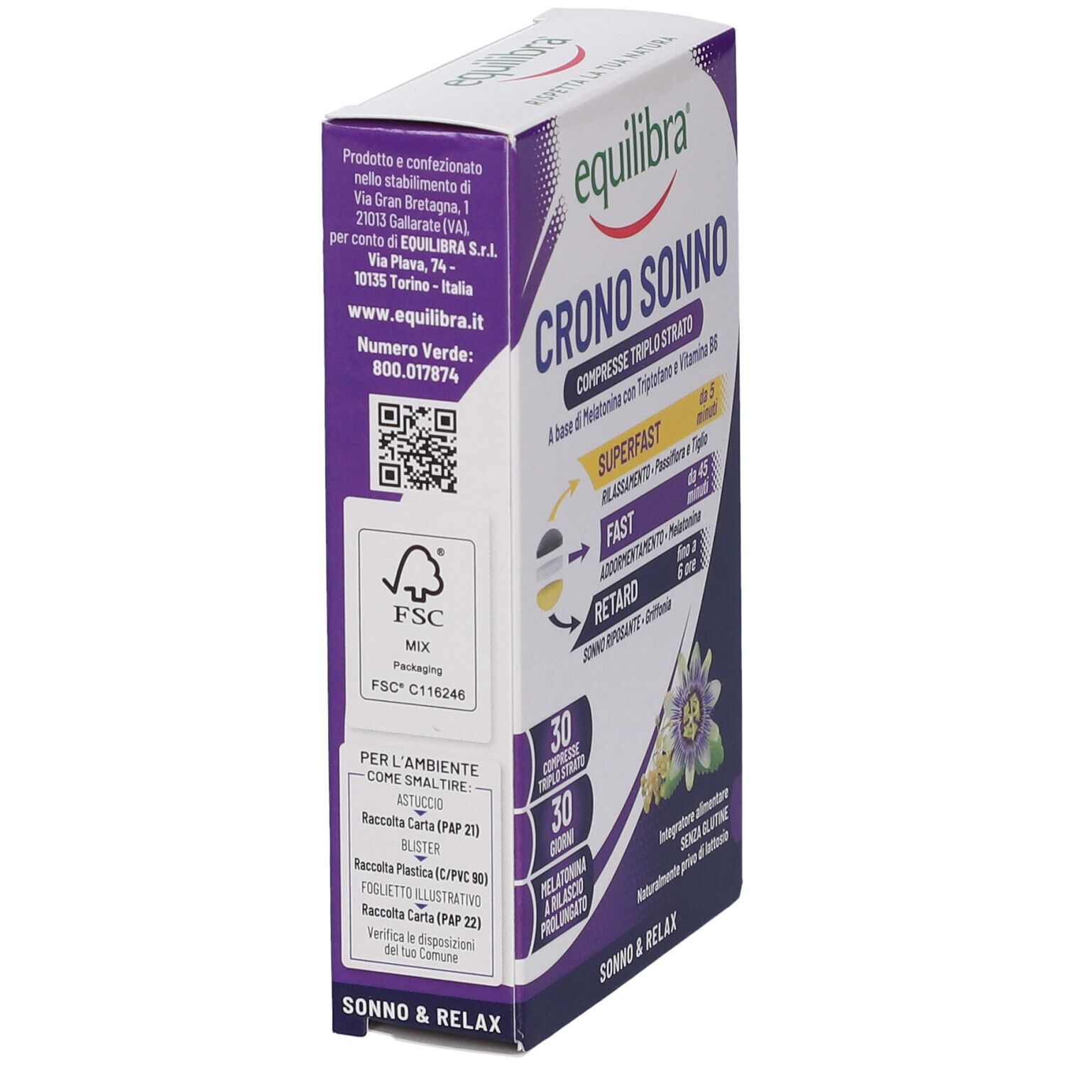 Confezione di Equilibra Crono Sonno Compresse. Contiene informazioni e loghi. Certificato FSC.