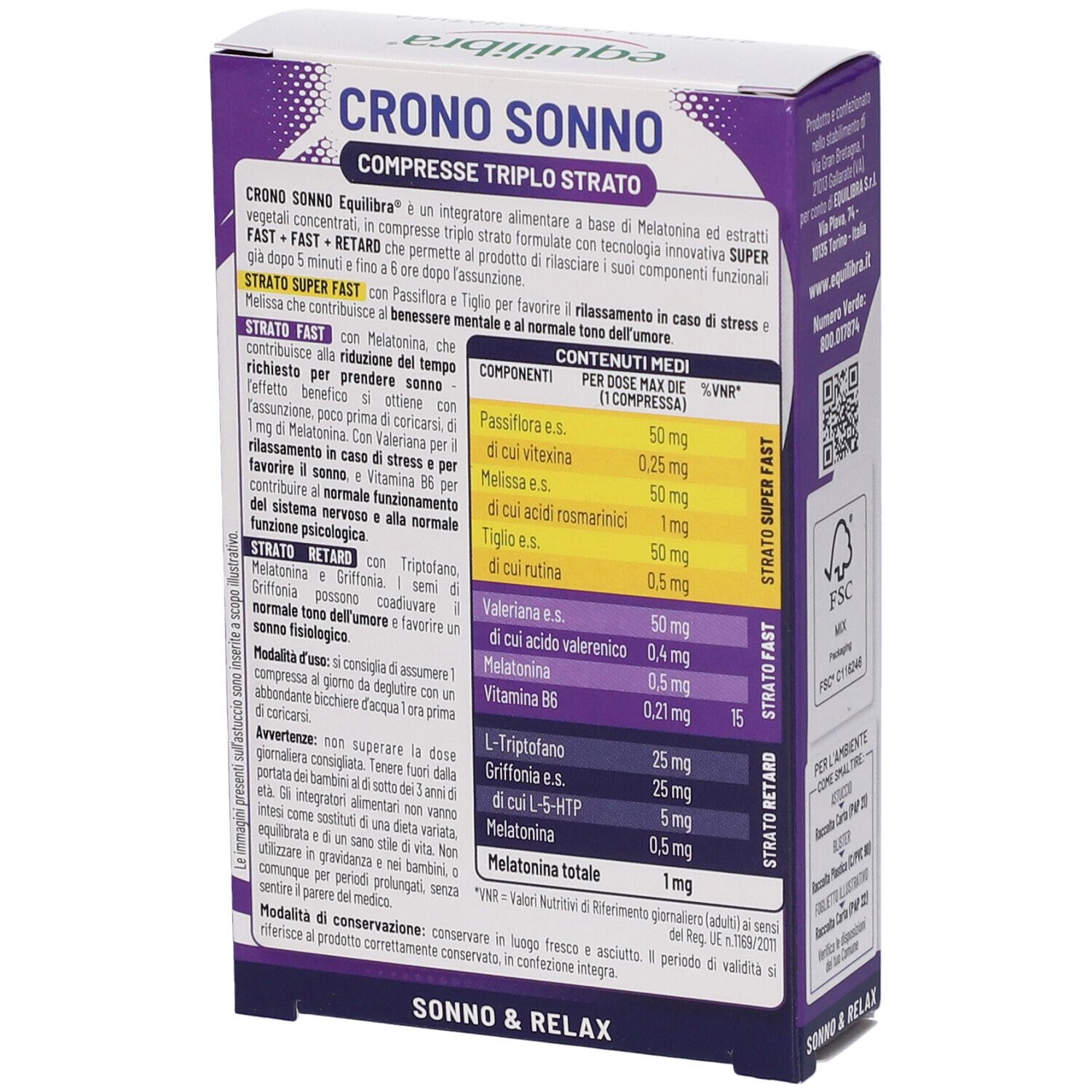 Retro della confezione di Equilibra Crono Sonno Compresse. Contiene informazioni sugli ingredienti e tabelle.