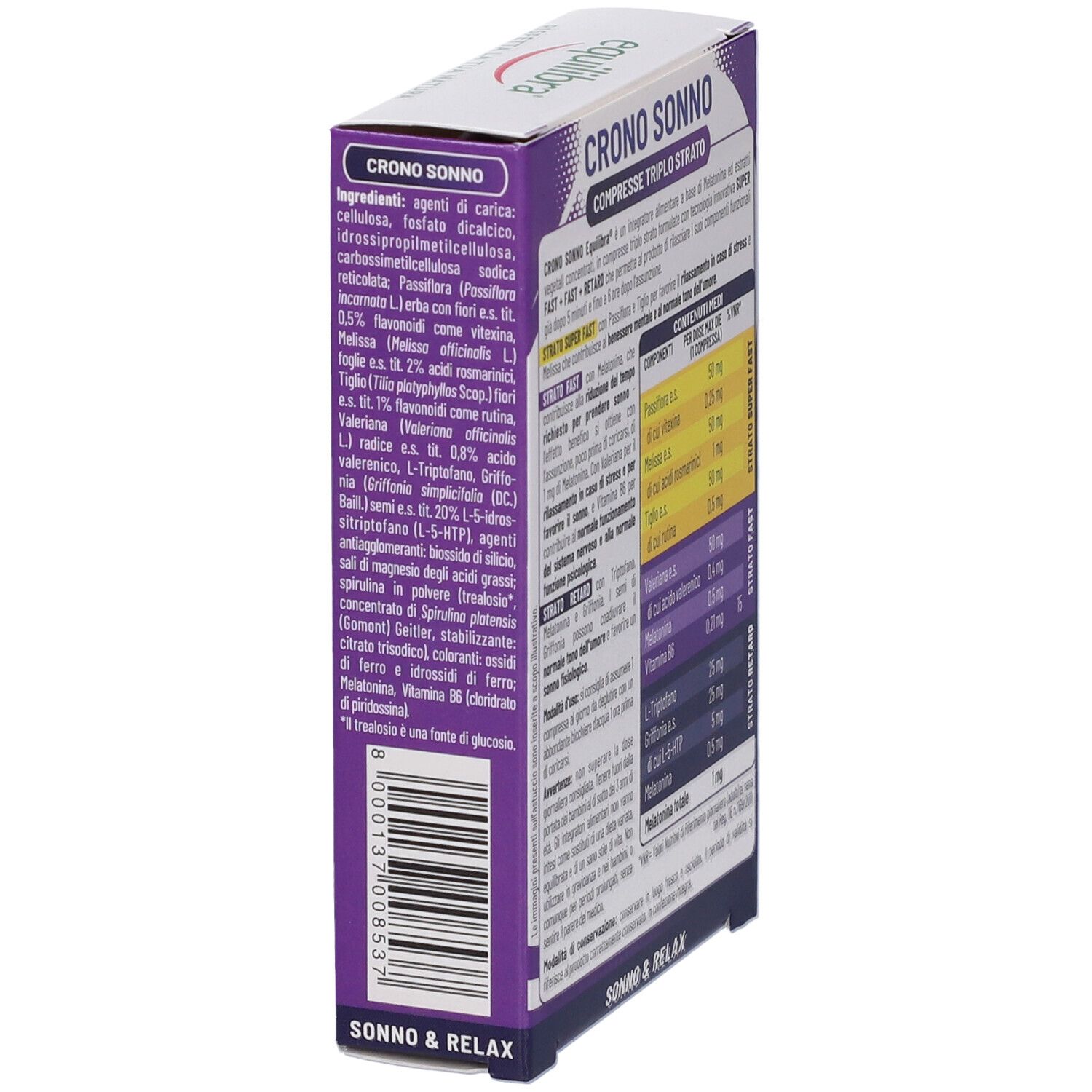 Vista laterale della confezione di Equilibra Crono Sonno Compresse. Contiene elenchi di ingredienti e testo.