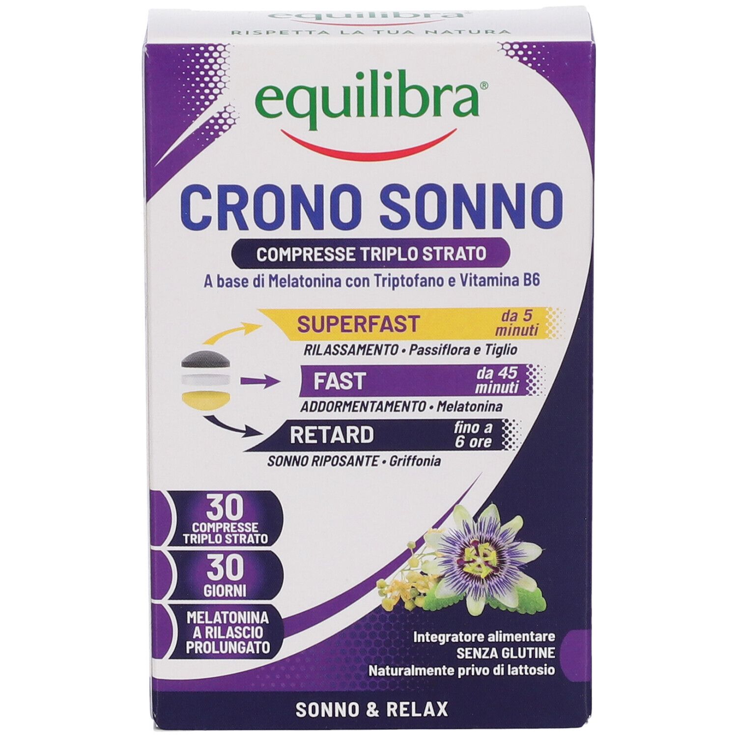Fronte della confezione di Equilibra Crono Sonno Compresse. Viola e bianco. Contiene informazioni e loghi.