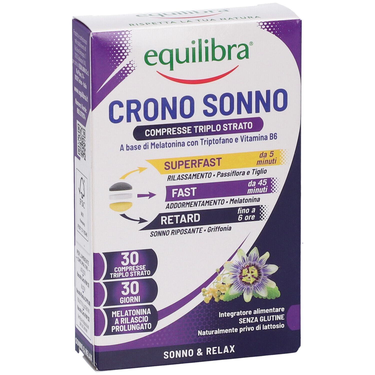 Fronte della confezione di Equilibra Crono Sonno Compresse. Viola e bianco. Contiene informazioni e loghi.