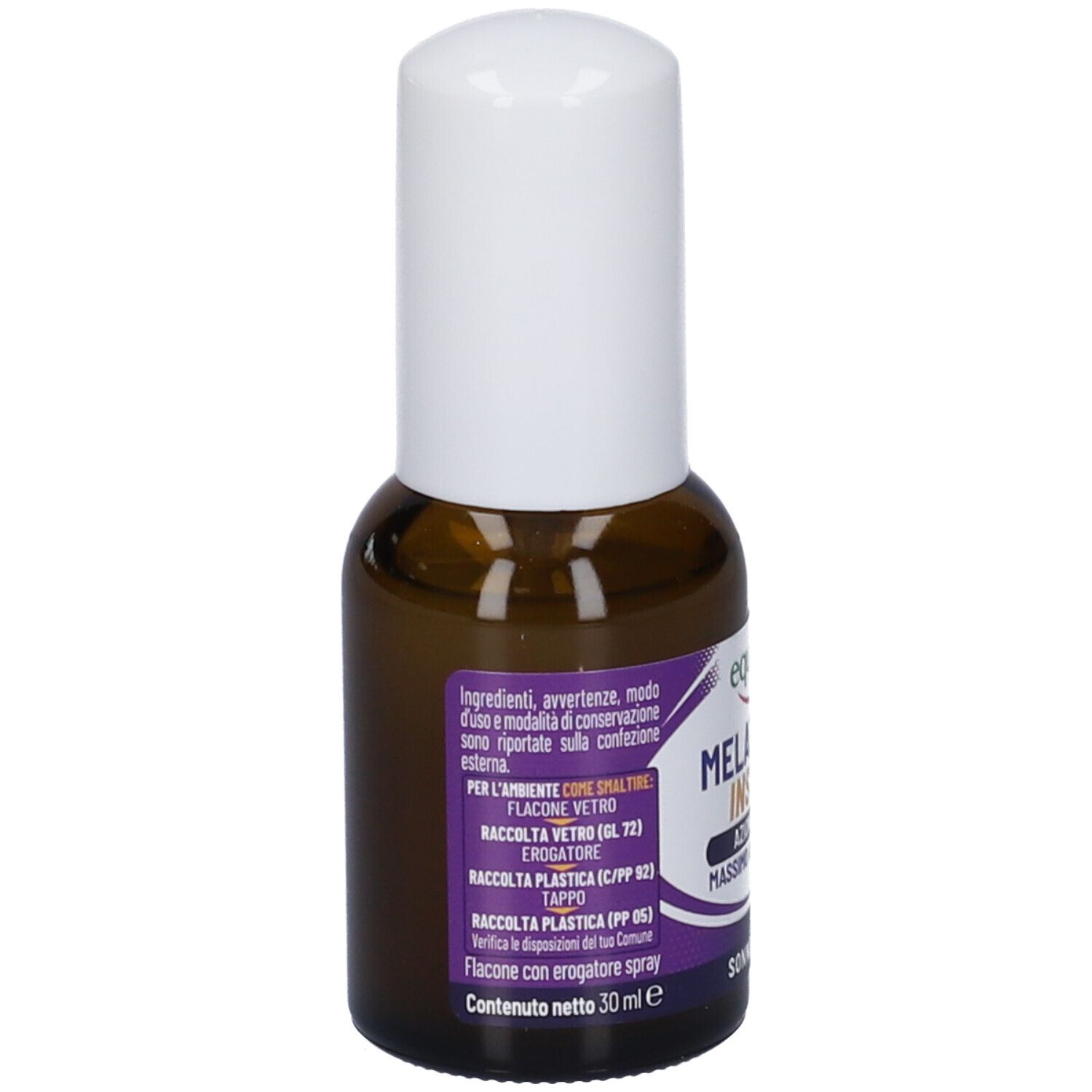 Flacone di vetro marrone con tappo bianco. Retro con testo. Contiene informazioni sugli ingredienti e l'imballaggio.