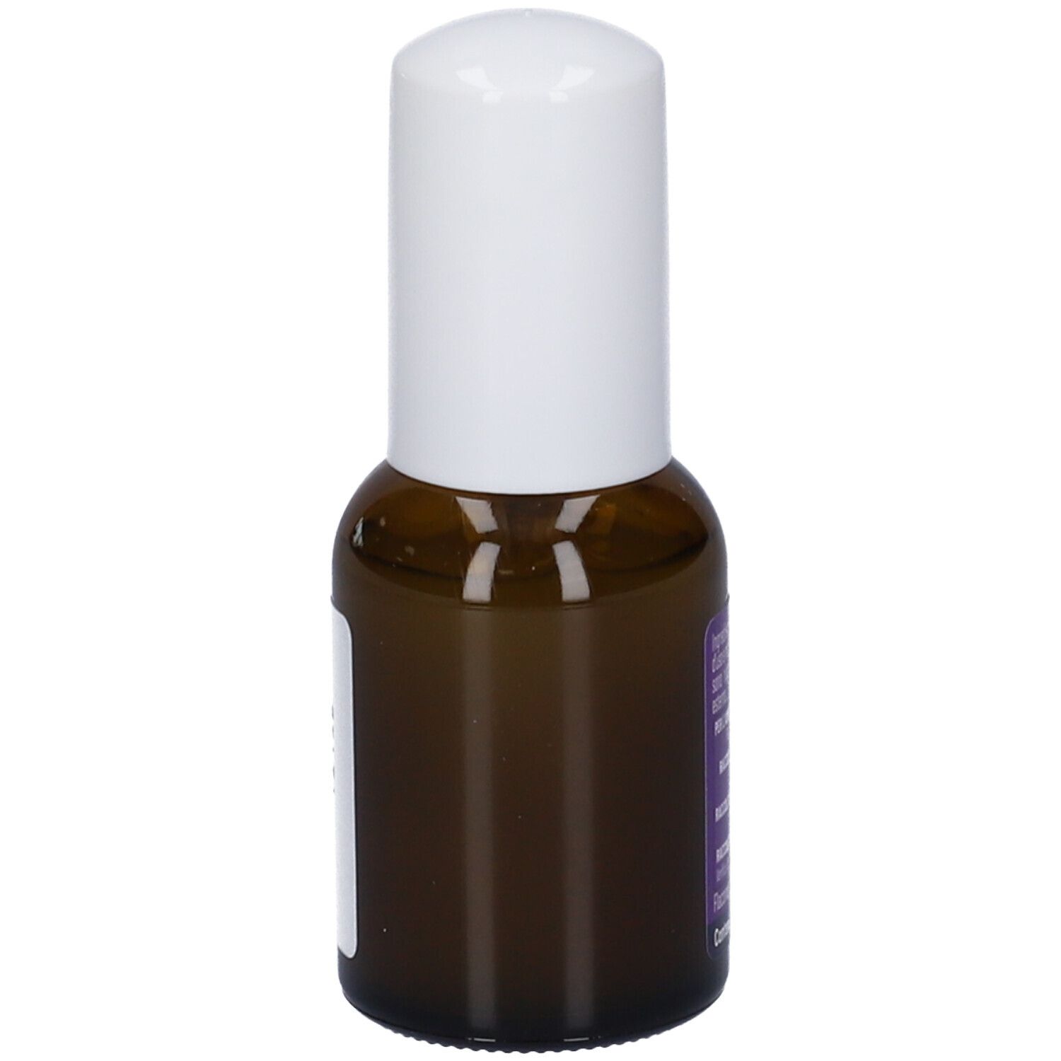 Flacone di vetro marrone con tappo bianco. Etichetta con testo. Informazioni sul prodotto sul flacone.