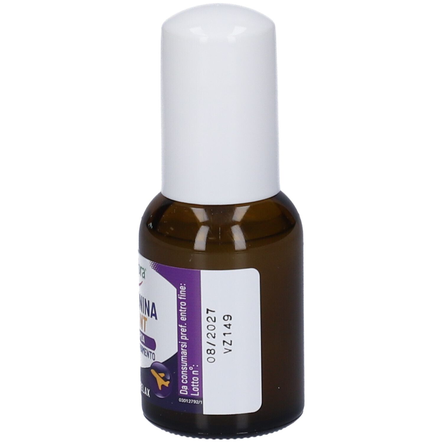 Flacone di vetro marrone con tappo bianco. Etichetta con testo. Mostra la data di scadenza e il numero di lotto.