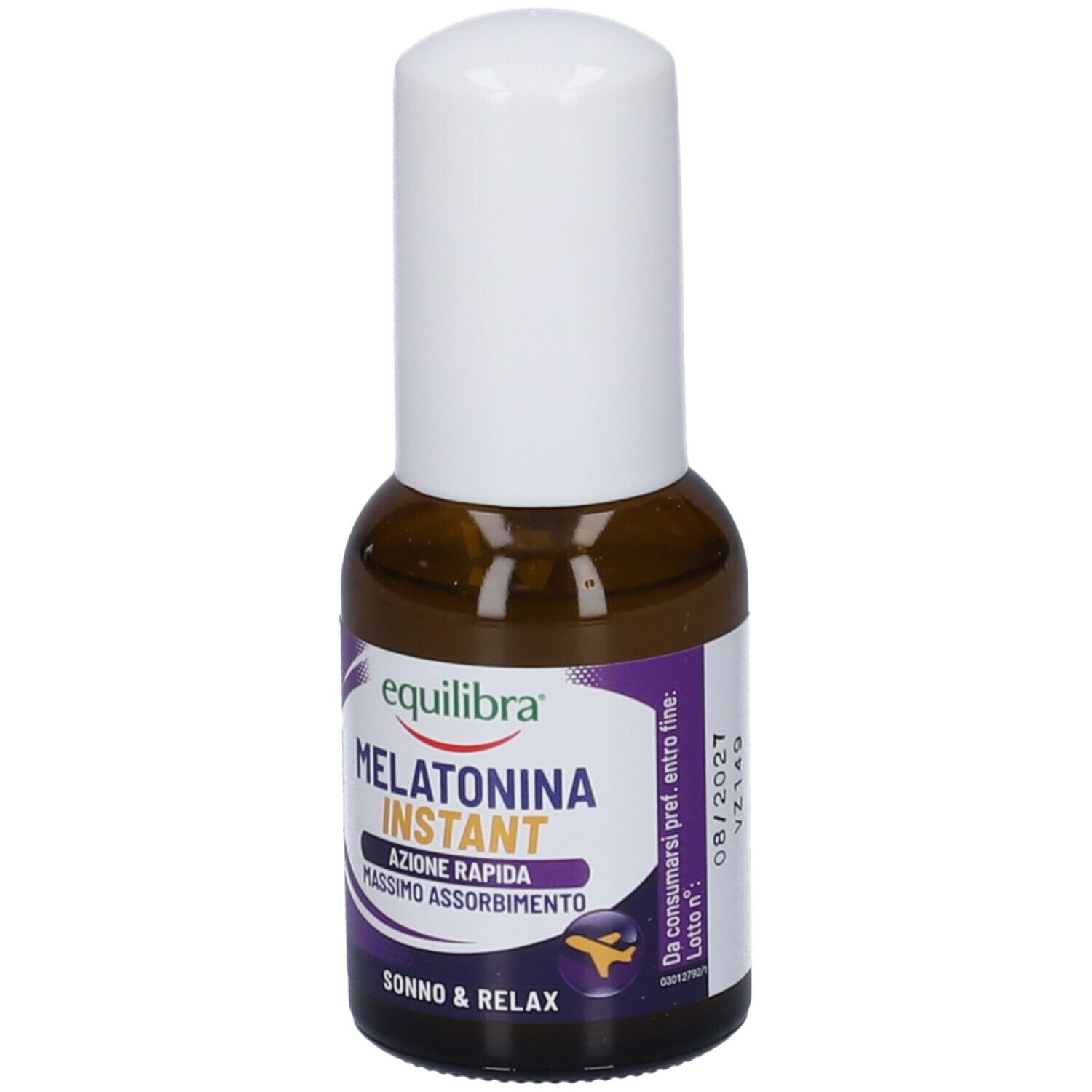 Flacone di vetro marrone con tappo bianco. Etichetta con testo. Nome del prodotto: Melatonina Instant, Equilibra.