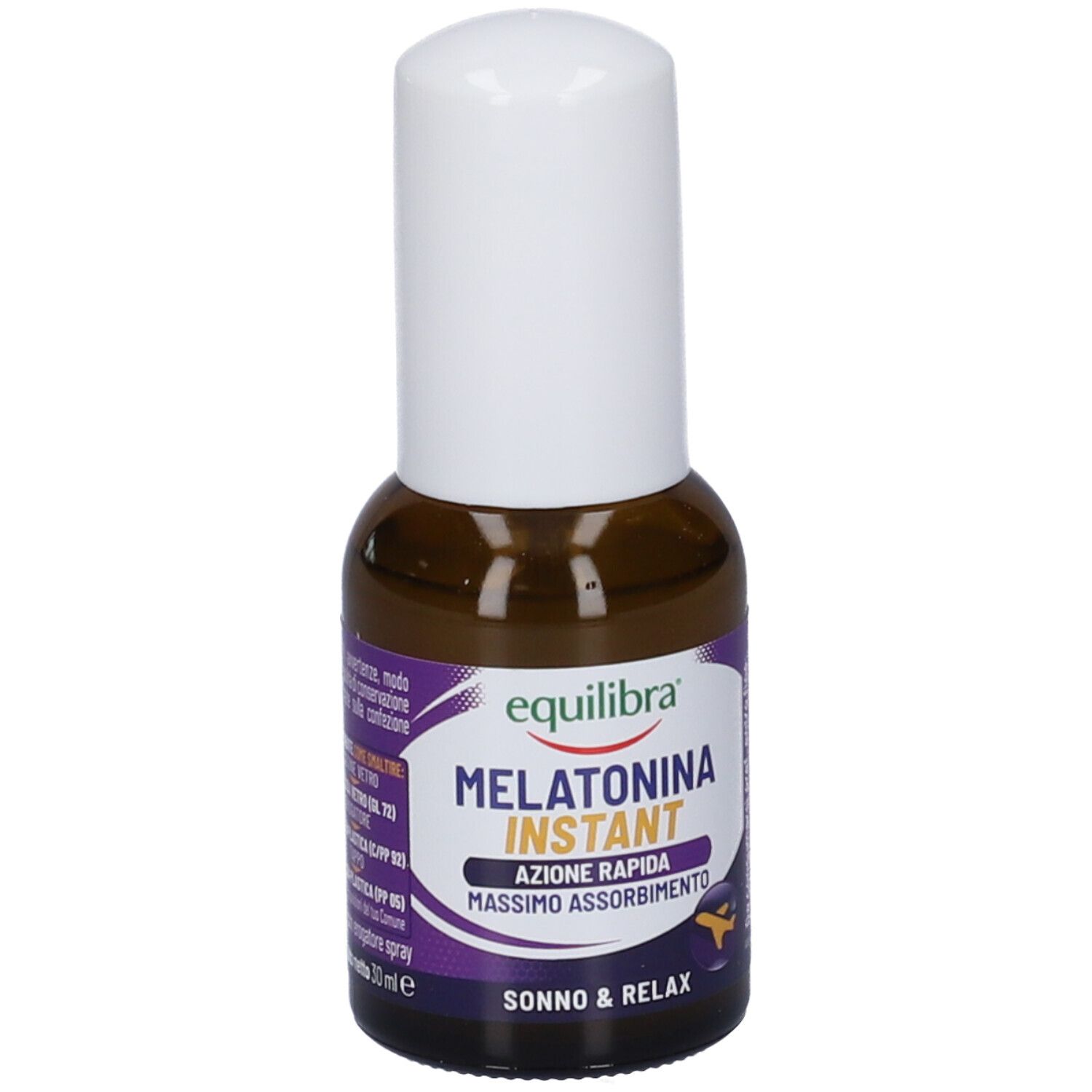 Flacone di vetro marrone con tappo bianco. Etichetta con testo. Nome del prodotto: Melatonina Instant, Equilibra.
