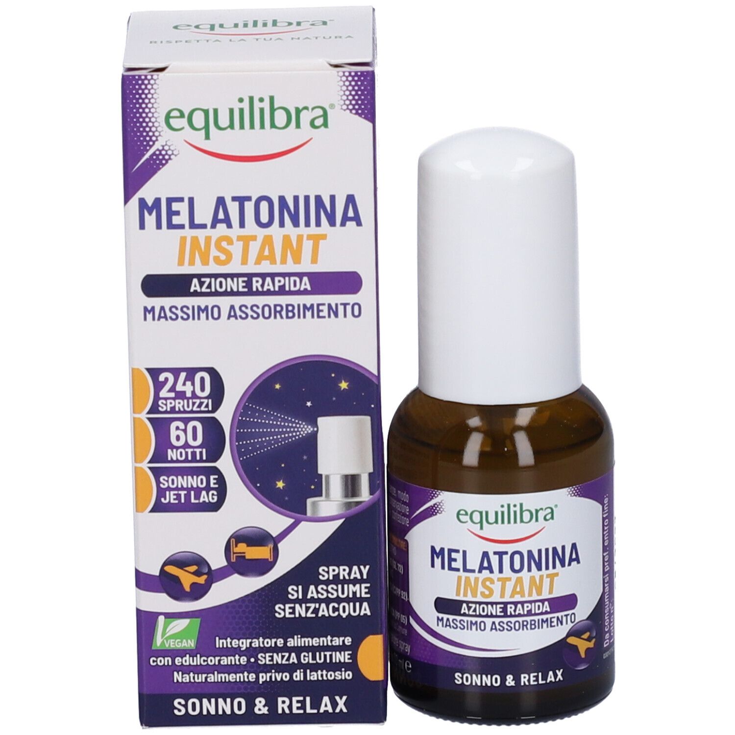 Flacone e confezione del prodotto. Confezione con testo e logo. Flacone: Melatonina Instant, Equilibra.