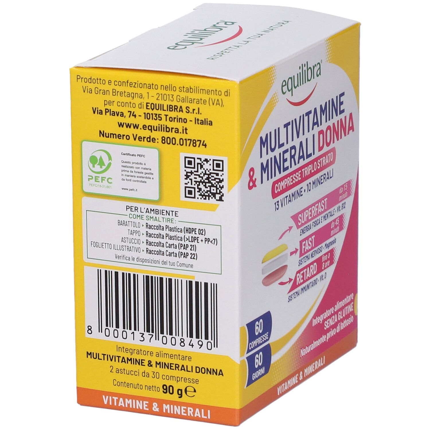 Retro della confezione di Equilibra Multivitamine & Minerali Donna. Contiene informazioni e codice a barre. Giallo e bianco.