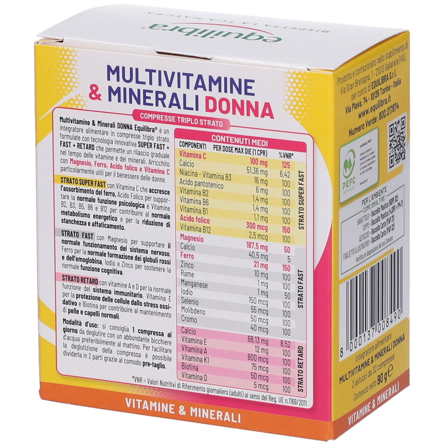 Lato della confezione di Equilibra Multivitamine & Minerali Donna. Contiene informazioni nutrizionali. Giallo e bianco.