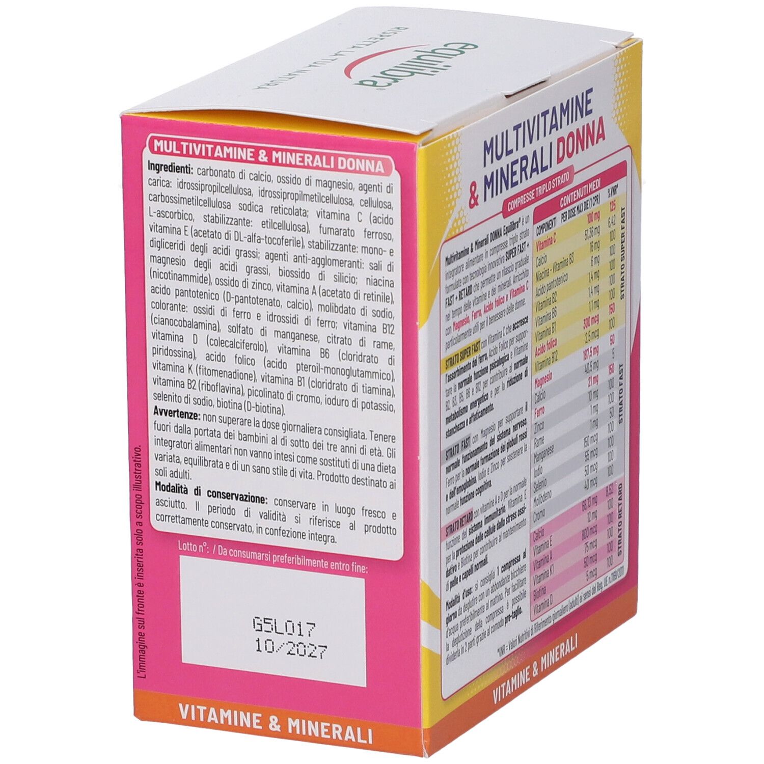Lato della confezione di Equilibra Multivitamine & Minerali Donna. Contiene ingredienti. Giallo e bianco.