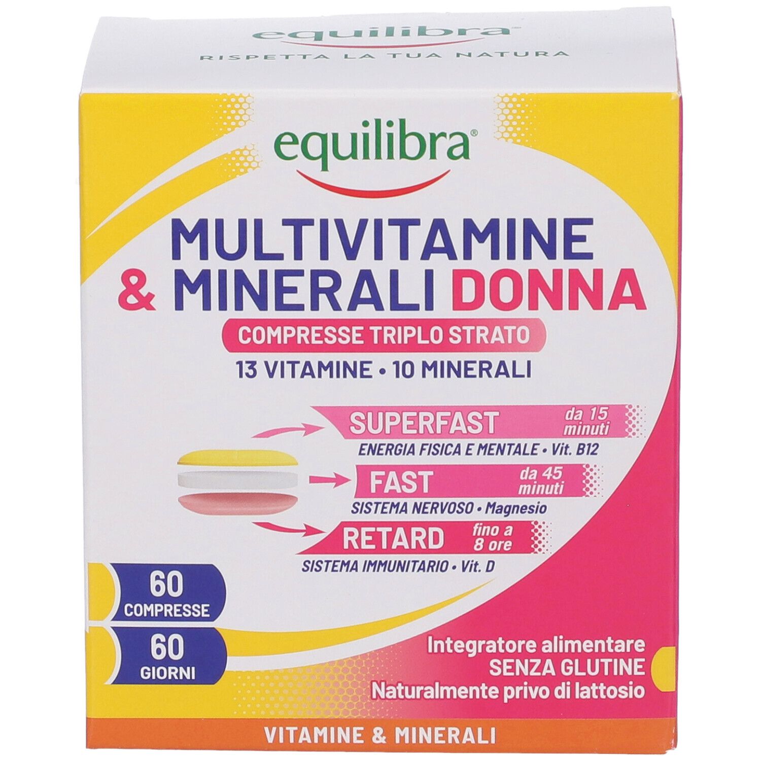 Confezione di Equilibra Multivitamine & Minerali Donna. Design giallo, rosa e bianco. Testo: 13 vitamine, 10 minerali. 60 compresse.