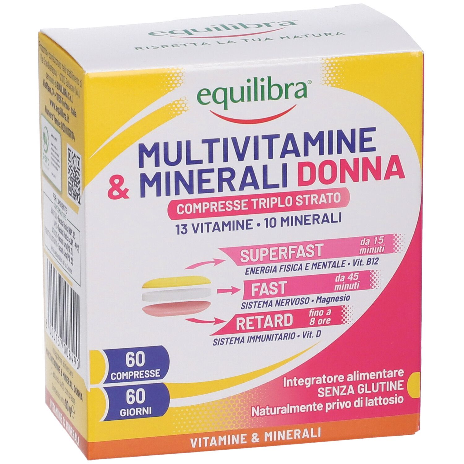 Confezione di Equilibra Multivitamine & Minerali Donna. Design giallo, rosa e bianco. Testo: 13 vitamine, 10 minerali. 60 compresse.