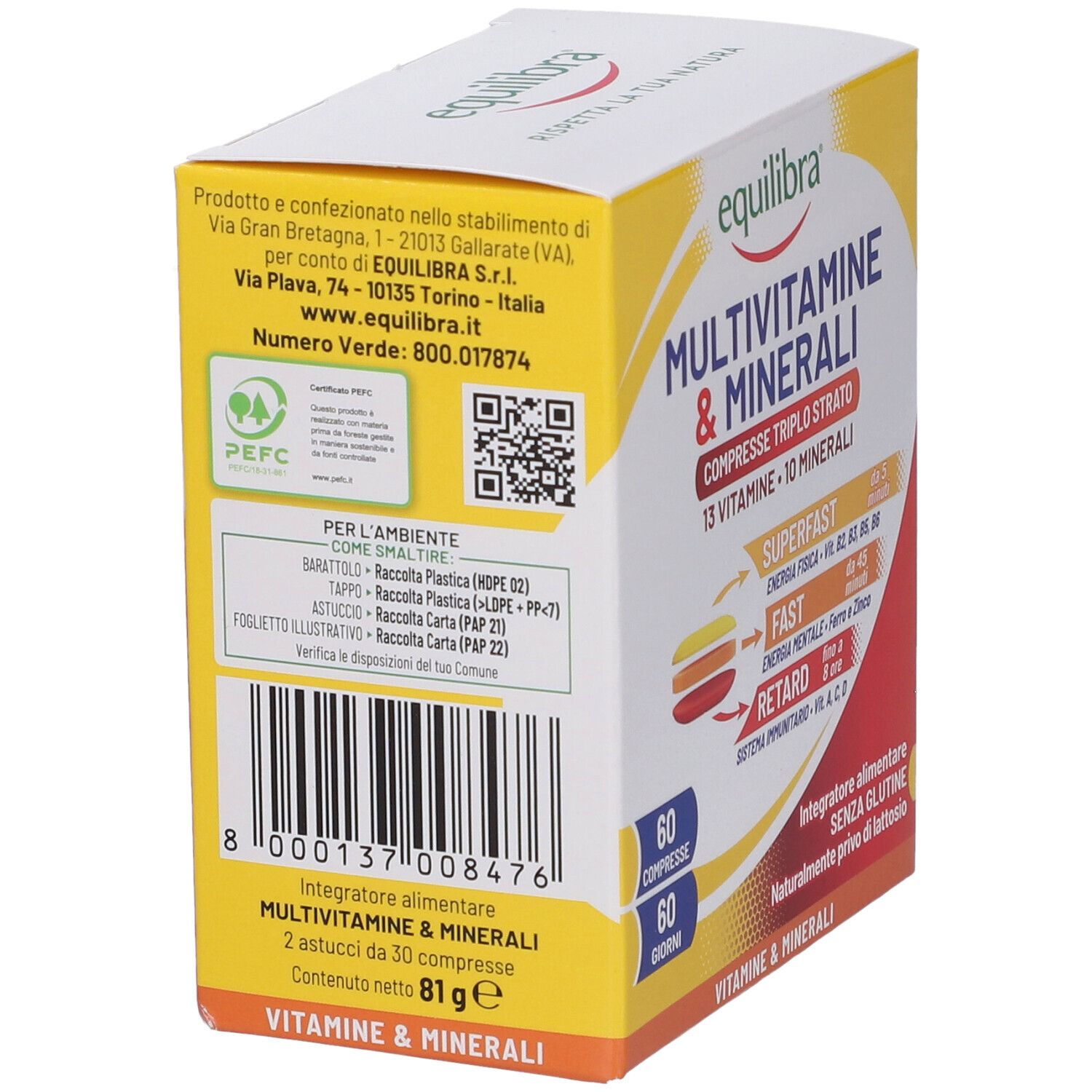 Retro della scatola Equilibra Multivitamine & Minerali. Informazioni, QR code e codice a barre. Scatola gialla e bianca.