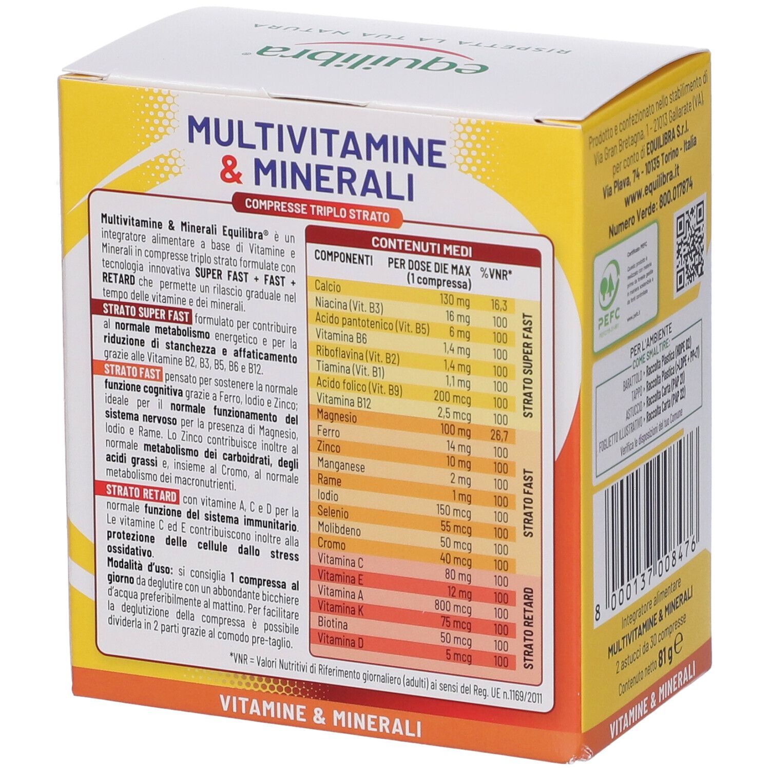 Lato della scatola Equilibra Multivitamine & Minerali. Contiene informazioni nutrizionali. Scatola gialla e bianca.