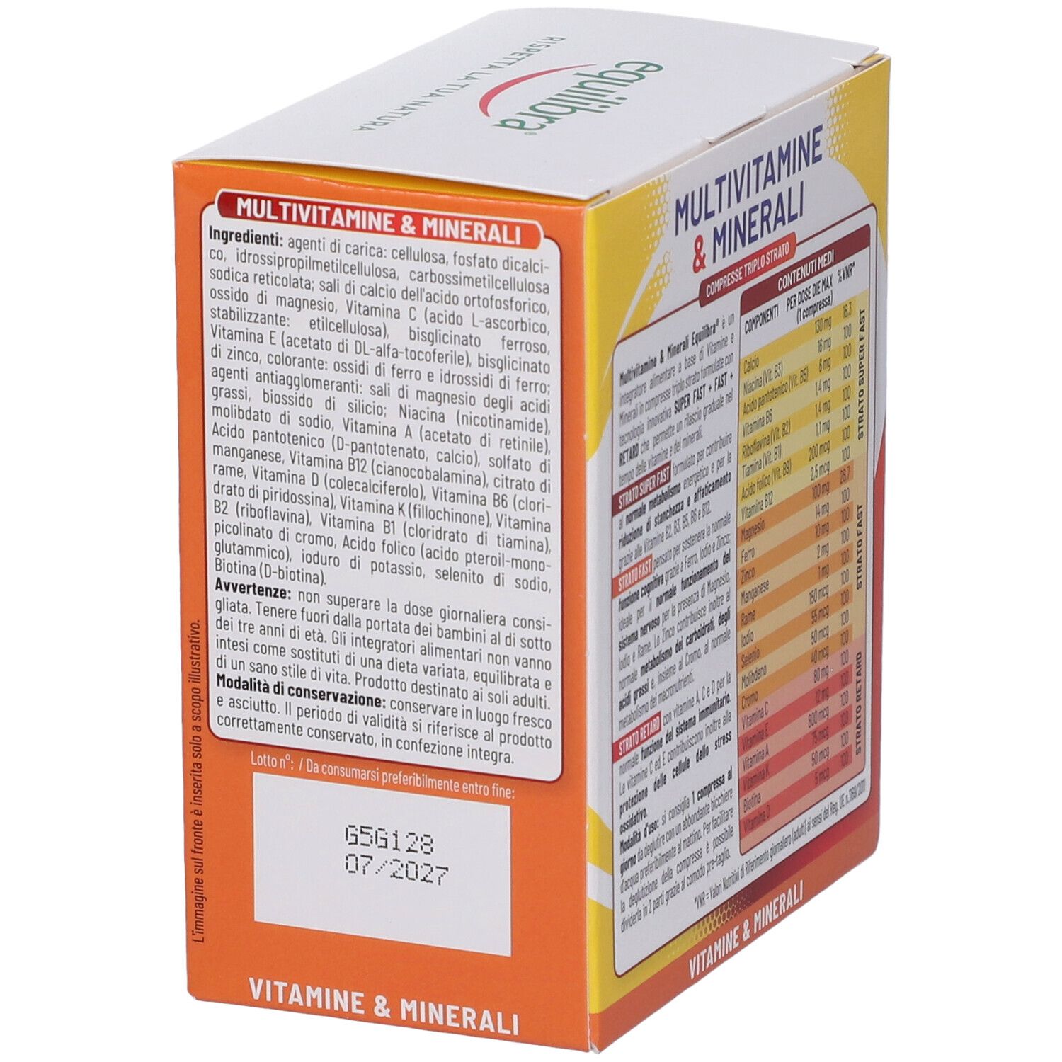 Lato della scatola Equilibra Multivitamine & Minerali. Ingredienti e istruzioni. Scatola gialla e bianca.