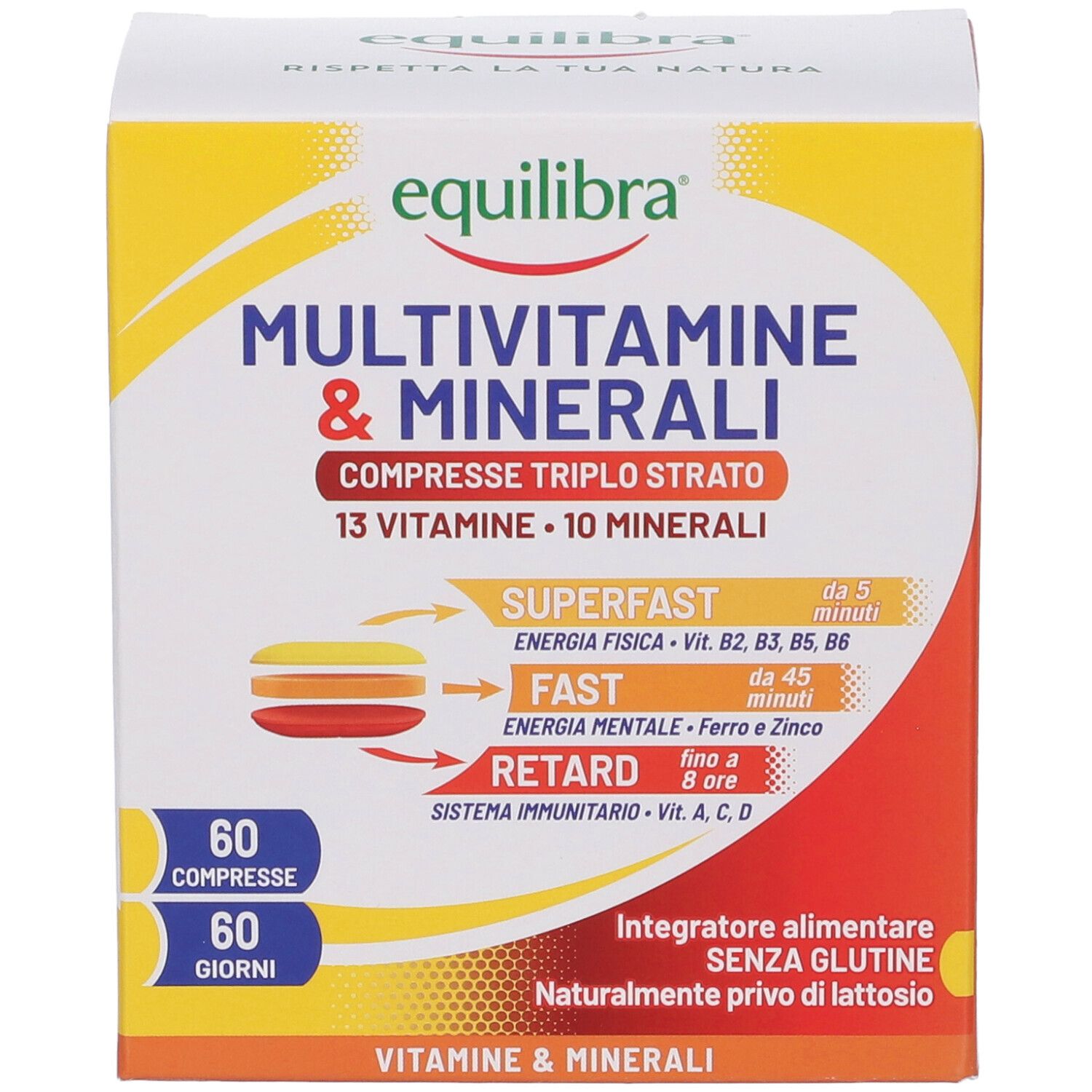 Fronte della scatola Equilibra Multivitamine & Minerali. Scatola gialla e bianca con logo e informazioni.