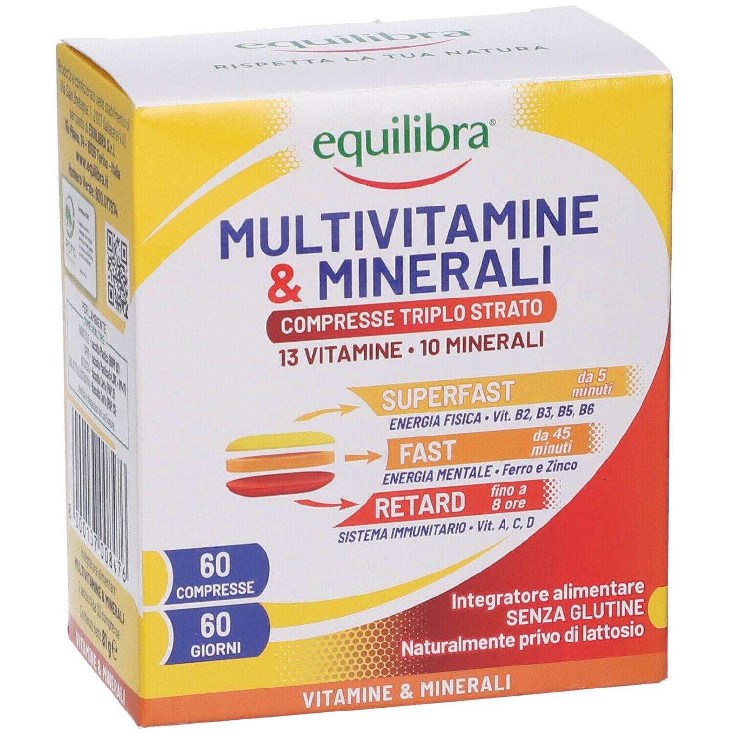 Fronte della scatola Equilibra Multivitamine & Minerali. Scatola gialla e bianca con logo e informazioni.