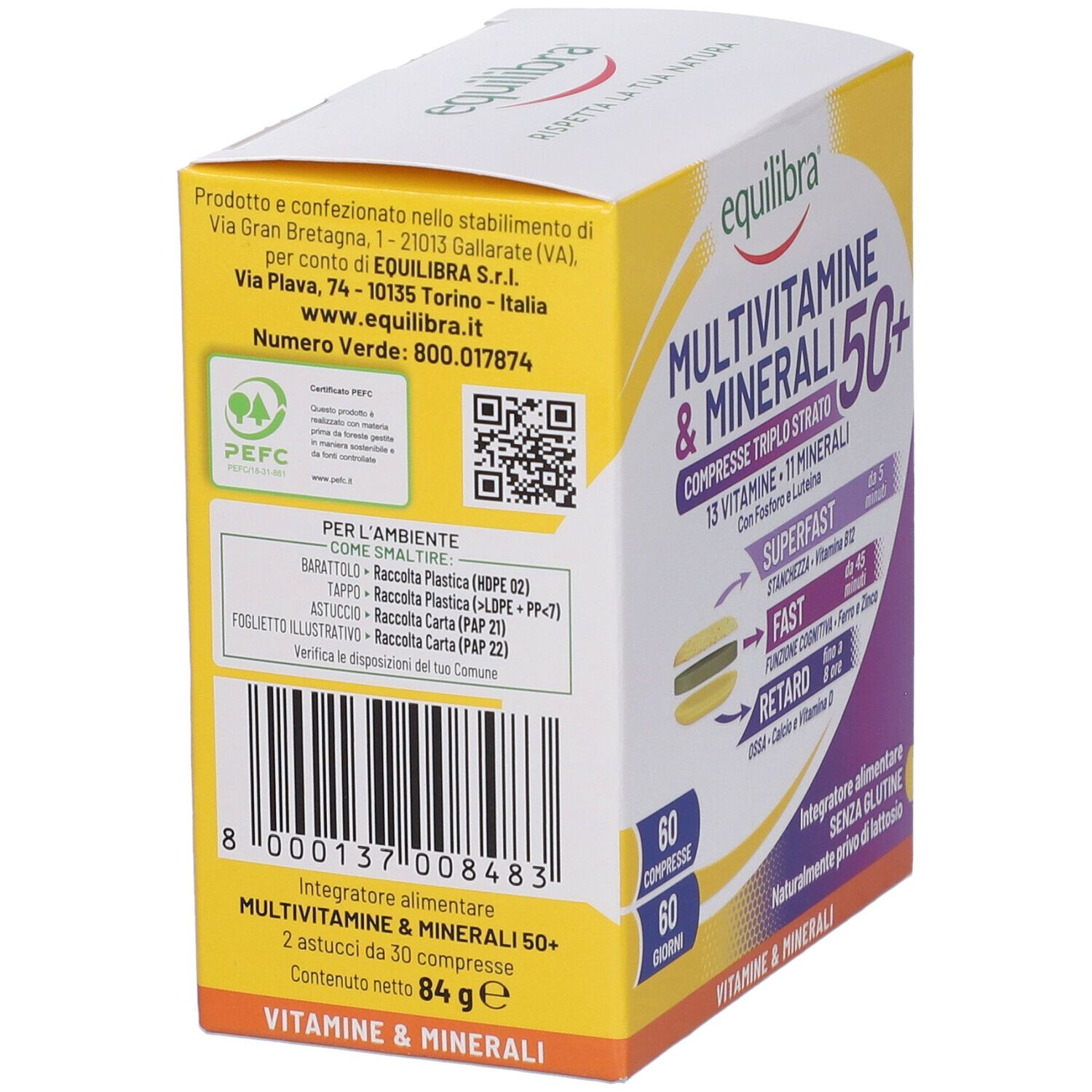 Retro della confezione di Equilibra Multivitamine & Minerali 50+. Contiene informazioni e codice a barre. Design giallo e bianco.