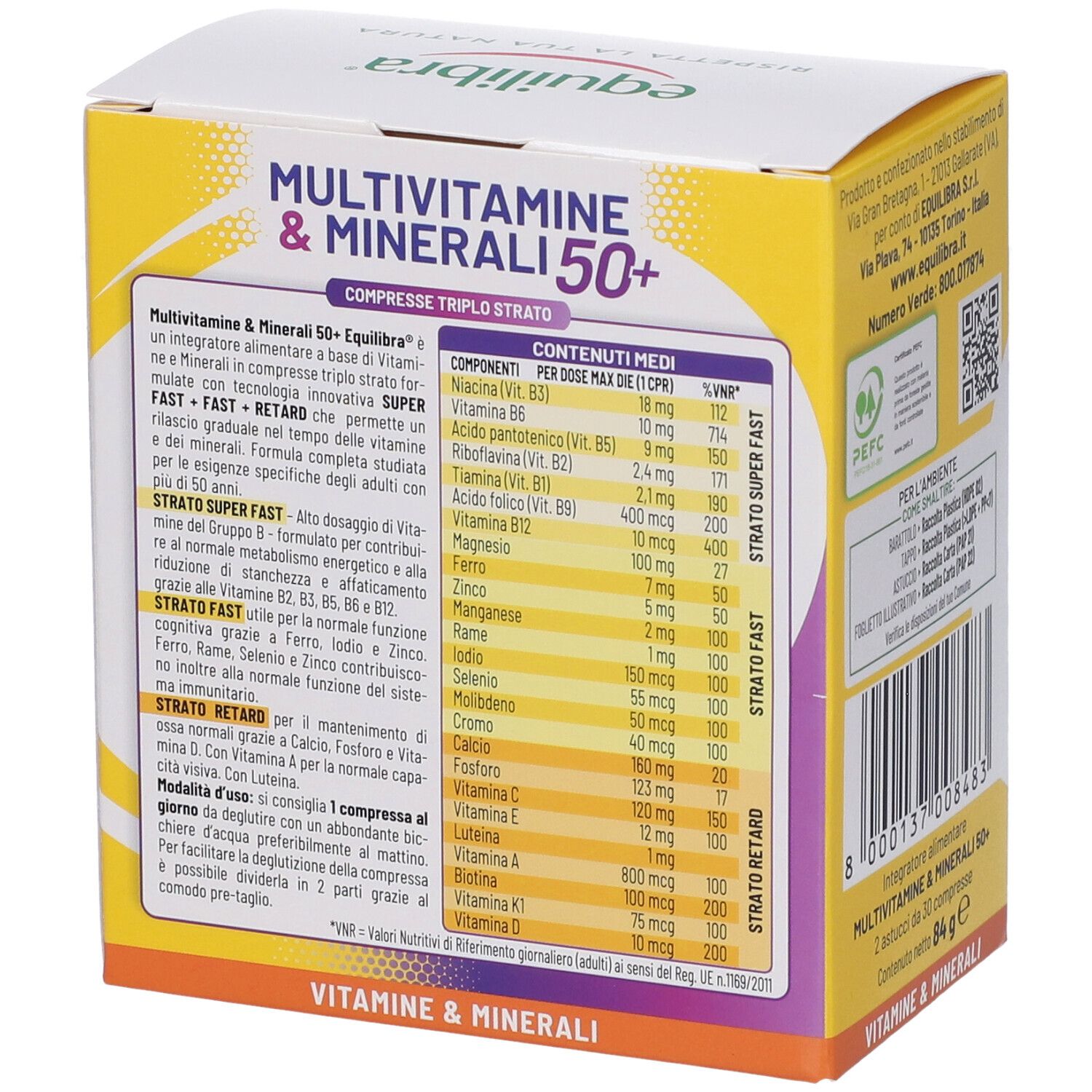Lato della confezione di Equilibra Multivitamine & Minerali 50+. Contiene informazioni nutrizionali. Design giallo, viola e bianco.