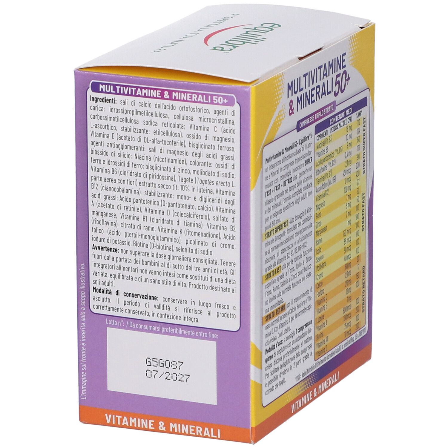 Lato della confezione di Equilibra Multivitamine & Minerali 50+. Contiene ingredienti e data di scadenza. Giallo, viola e bianco.