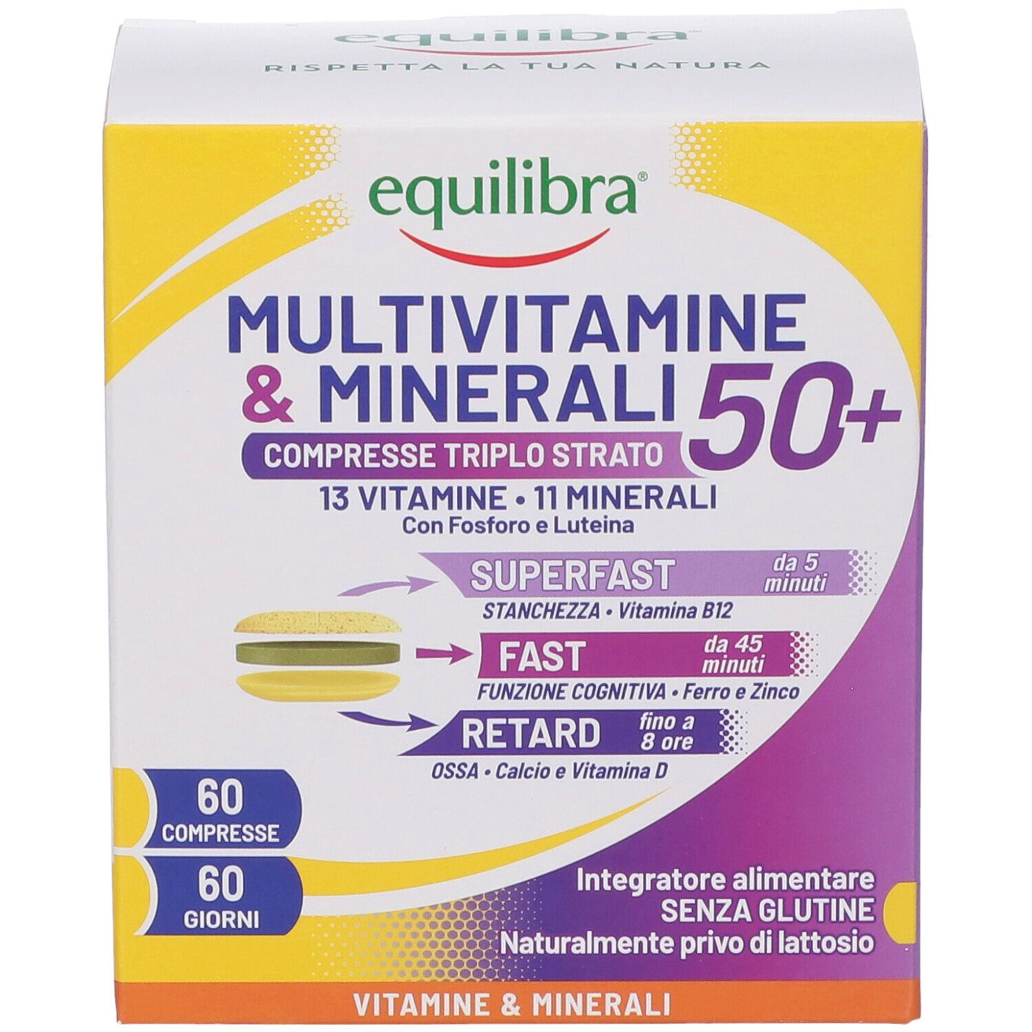 Fronte della confezione di Equilibra Multivitamine & Minerali 50+. Contiene 60 compresse. Design giallo, viola e bianco.