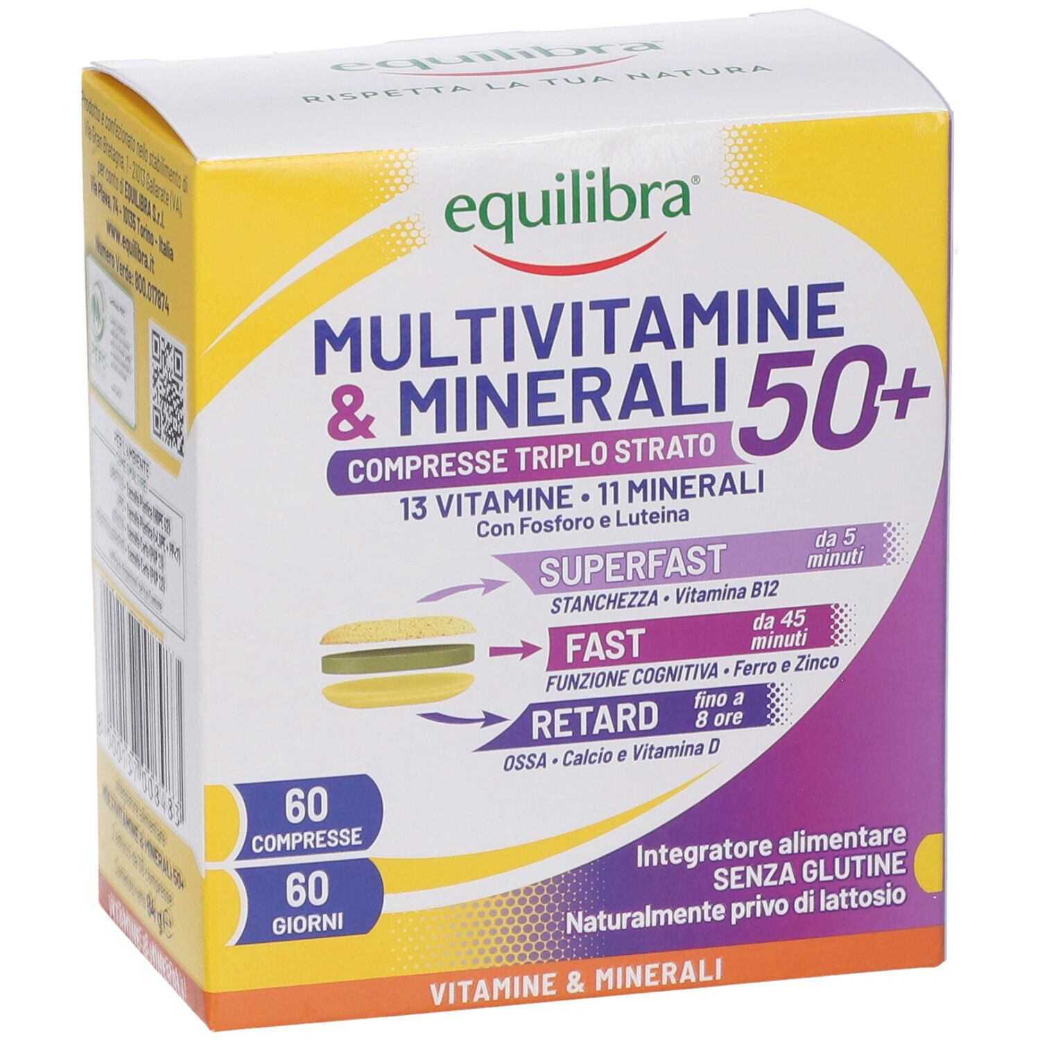 Fronte della confezione di Equilibra Multivitamine & Minerali 50+. Contiene 60 compresse. Design giallo, viola e bianco.