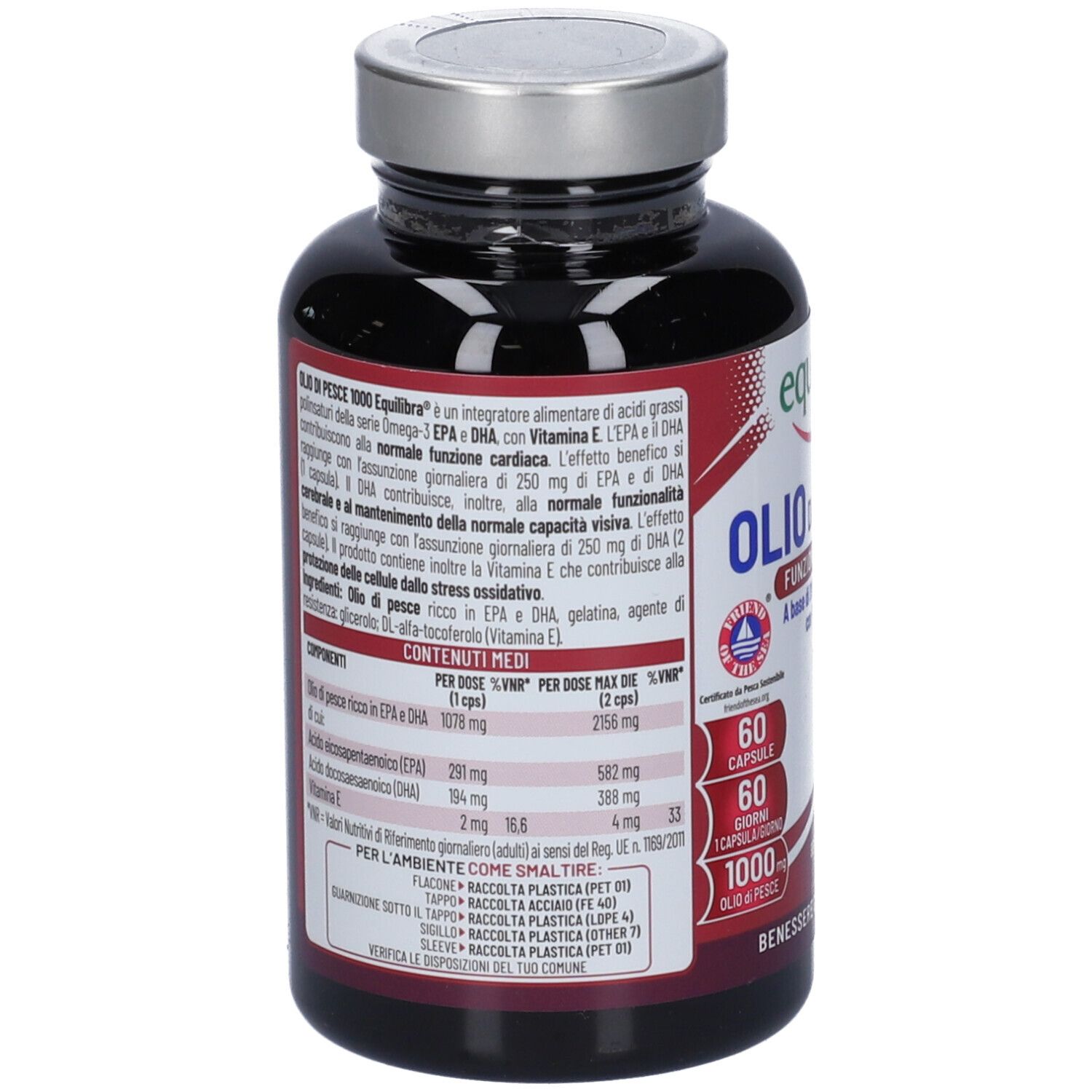 Retro del flacone. Contiene informazioni sugli ingredienti e i valori nutrizionali. Testo in italiano.