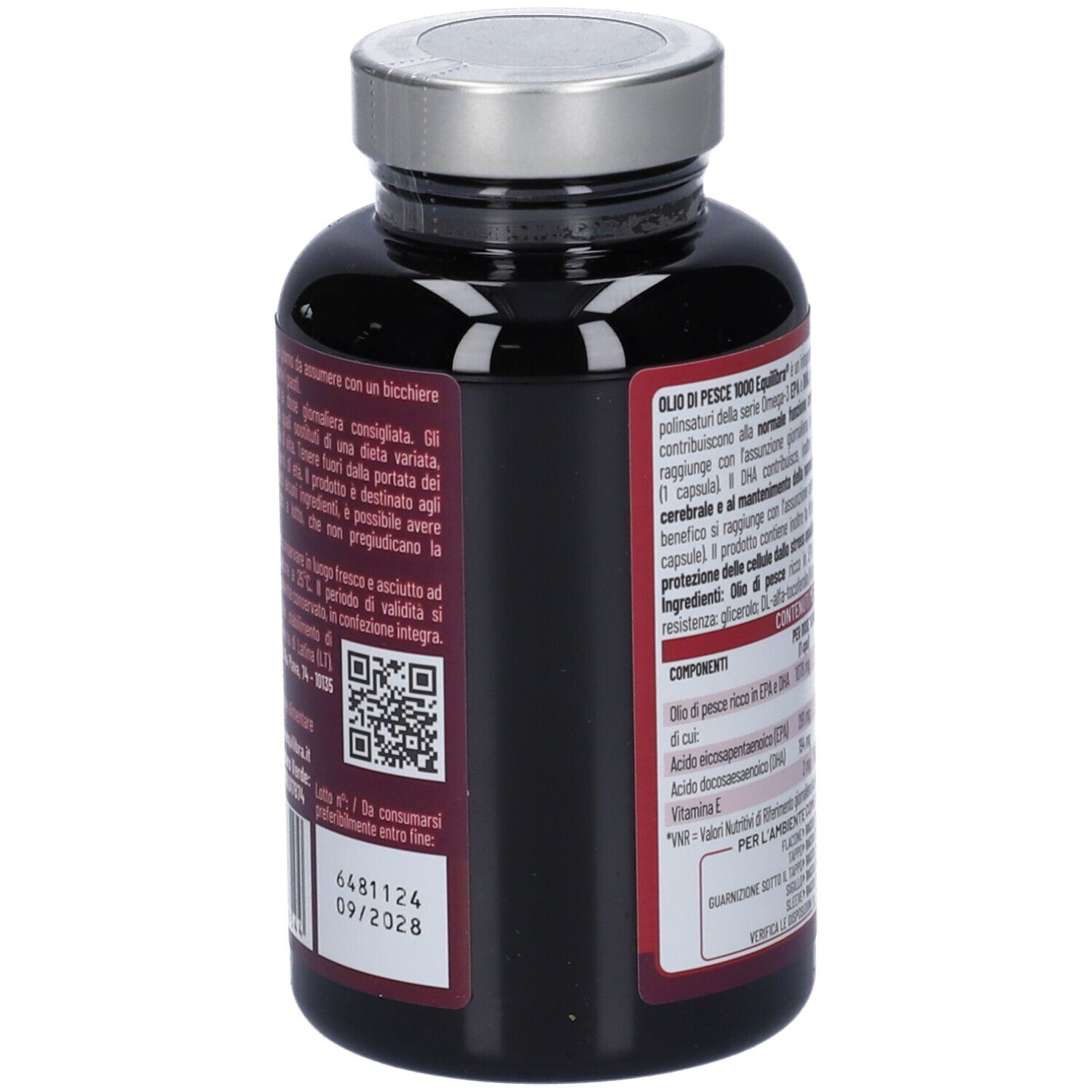 Retro del flacone con testo e codice QR. Scadenza: 09/2028.