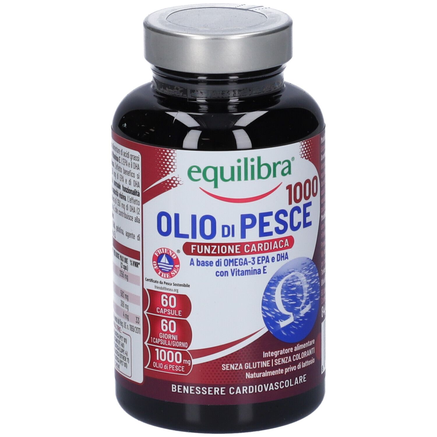 Flacone scuro con tappo argentato. Scritta: Equilibra Olio di Pesce 1000. 60 capsule. Per la funzione cardiaca.