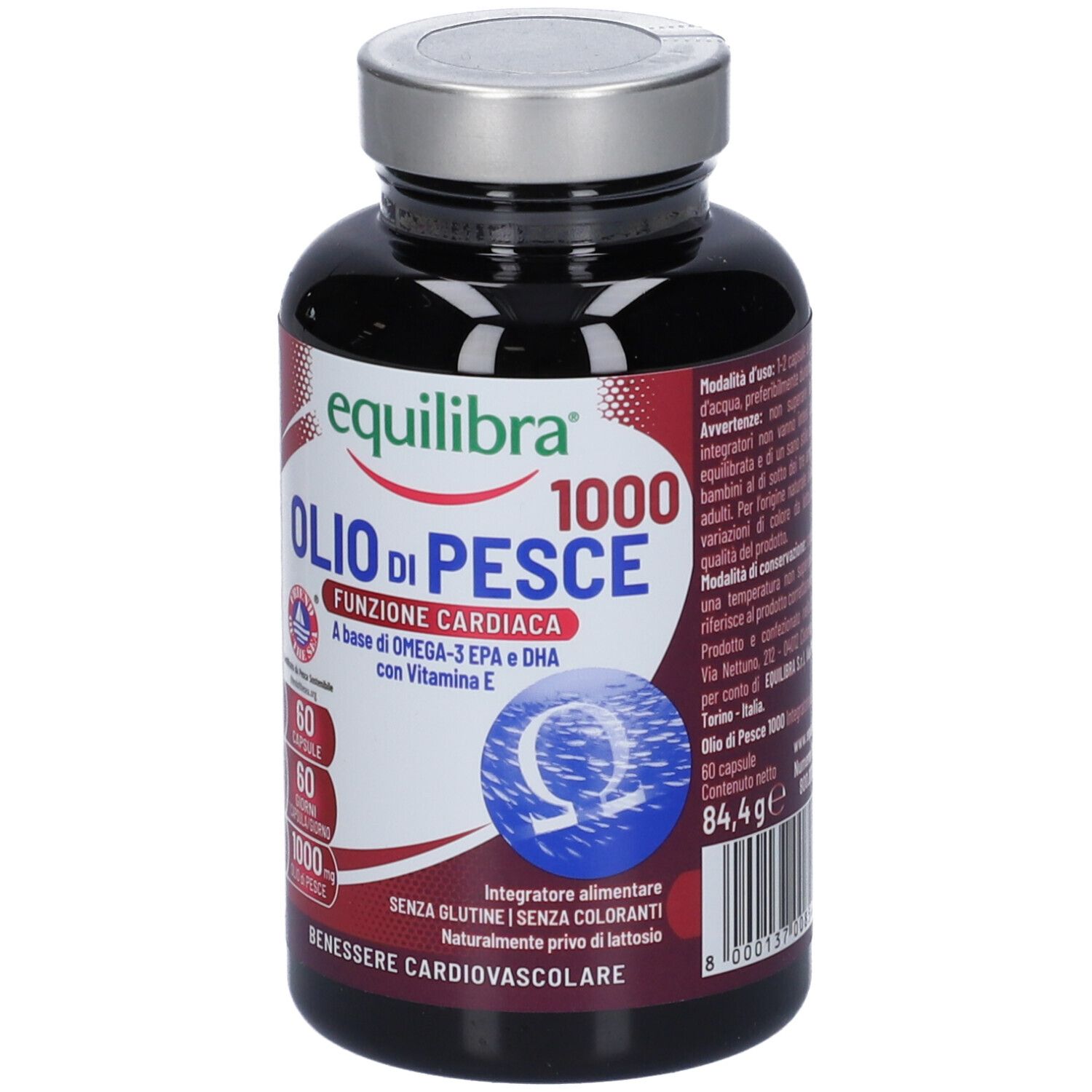 Flacone scuro con tappo argentato. Scritta: Equilibra Olio di Pesce 1000. 60 capsule. 84,4g.
