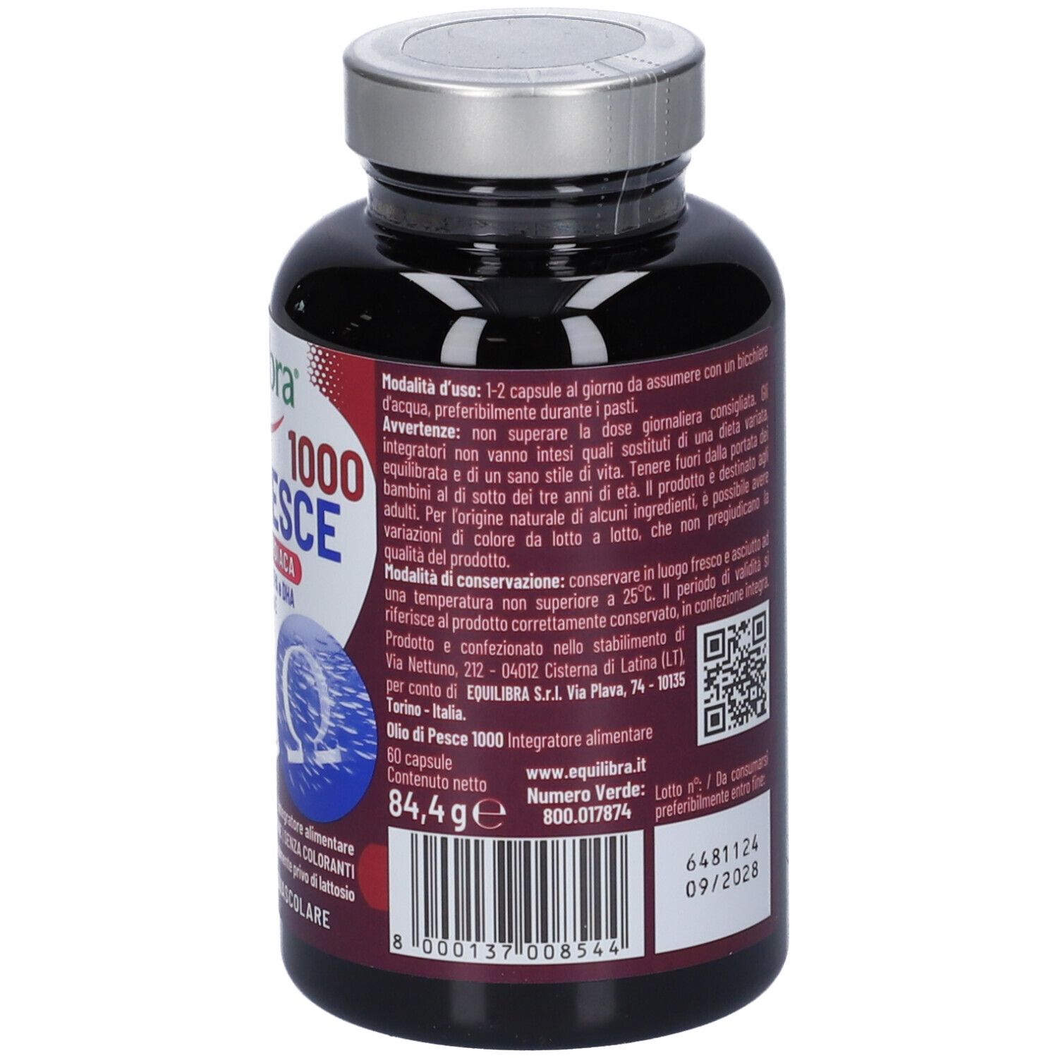 Flacone scuro con tappo argentato. Scritta: Equilibra Olio di Pesce 1000. 60 capsule. 84,4g. Testo.