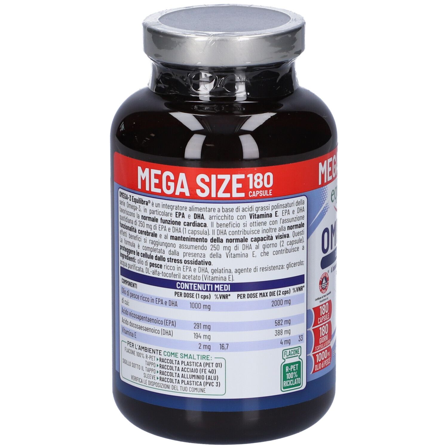 Retro del flacone con informazioni nutrizionali. Contiene EPA, DHA, vitamina E. Dettagli ingredienti e valori nutrizionali.