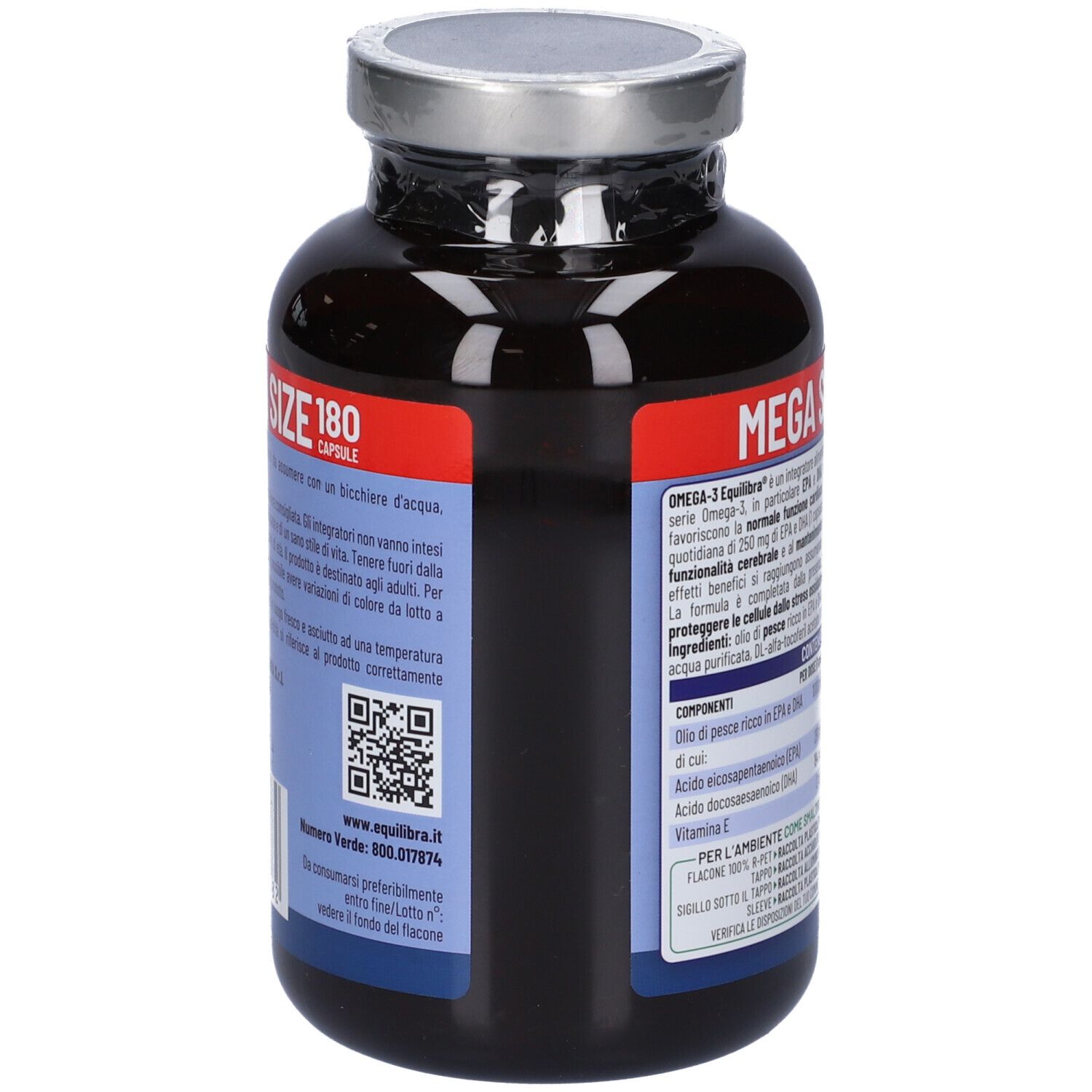 Flacone scuro, vista laterale. Codice QR e informazioni di contatto. Marchio: Equilibra. Prodotto: Omega-3.