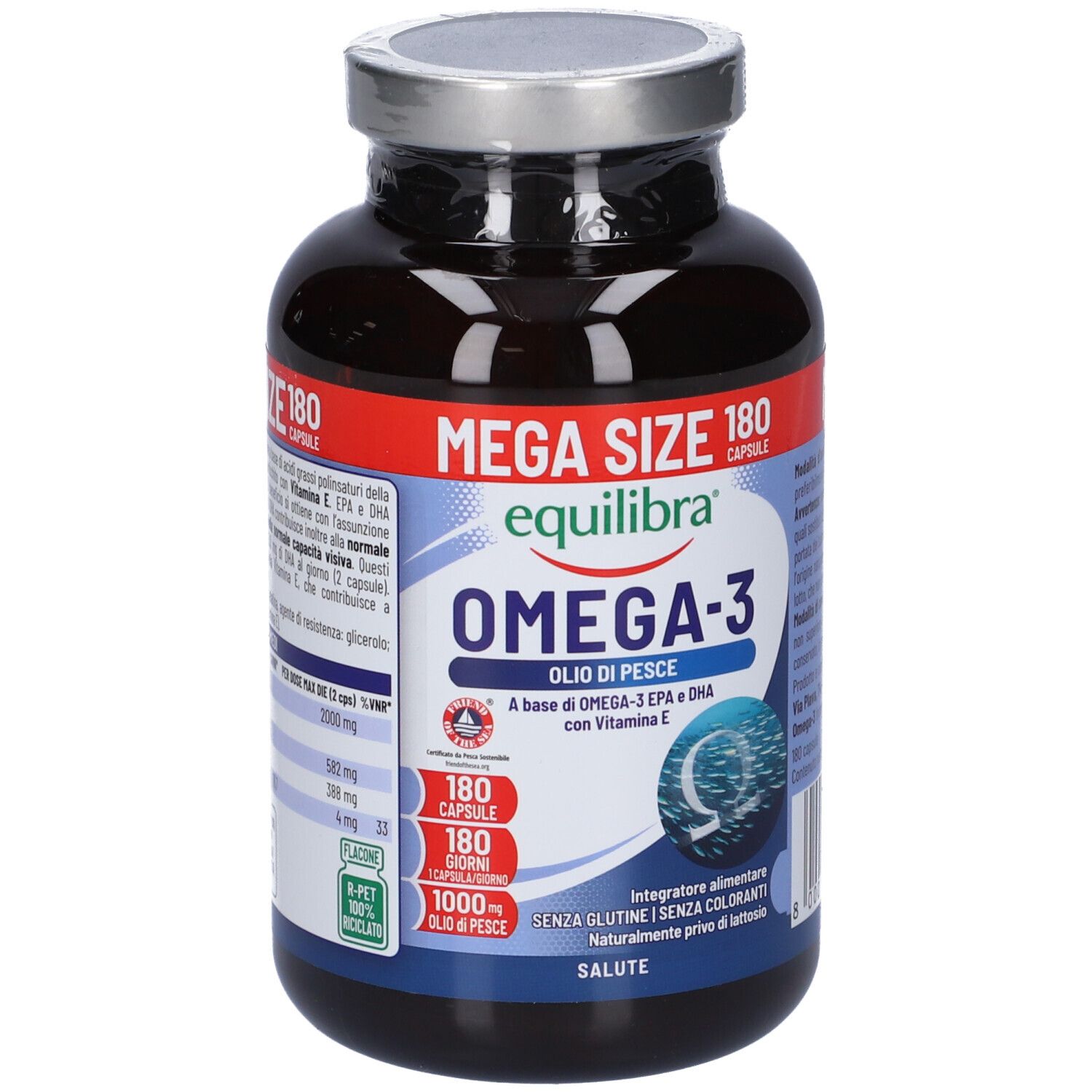 Flacone scuro con capsule. Scritta: Omega-3, 180 capsule. Marchio: Equilibra. Contiene EPA, DHA e vitamina E.