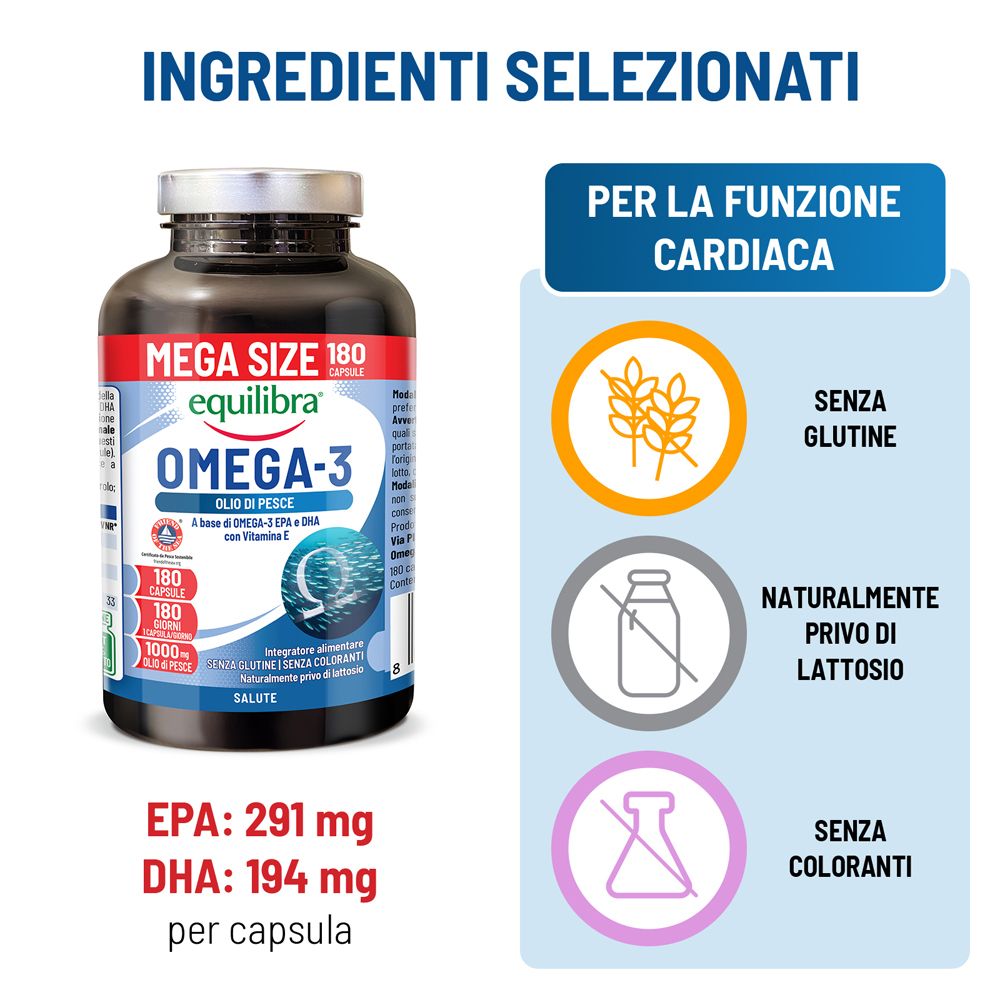Equilibra Omega-3 Mega Size: 180 capsule olio di pesce, EPA 291 mg, DHA 194 mg per capsula. Senza glutine, lattosio, coloranti.