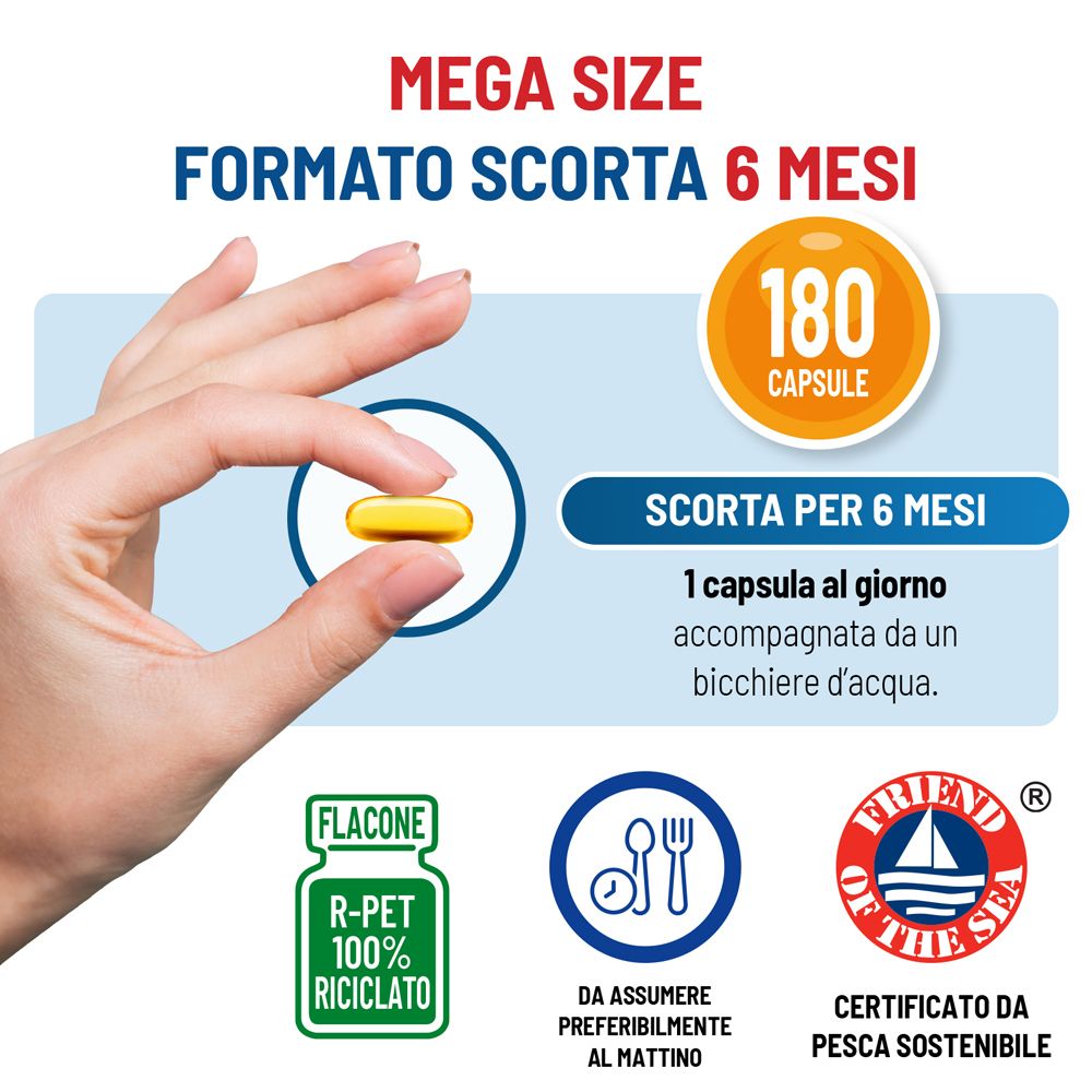 Una mano tiene una capsula gialla. 180 capsule per 6 mesi di scorta. Flacone in R-PET riciclato al 100%.