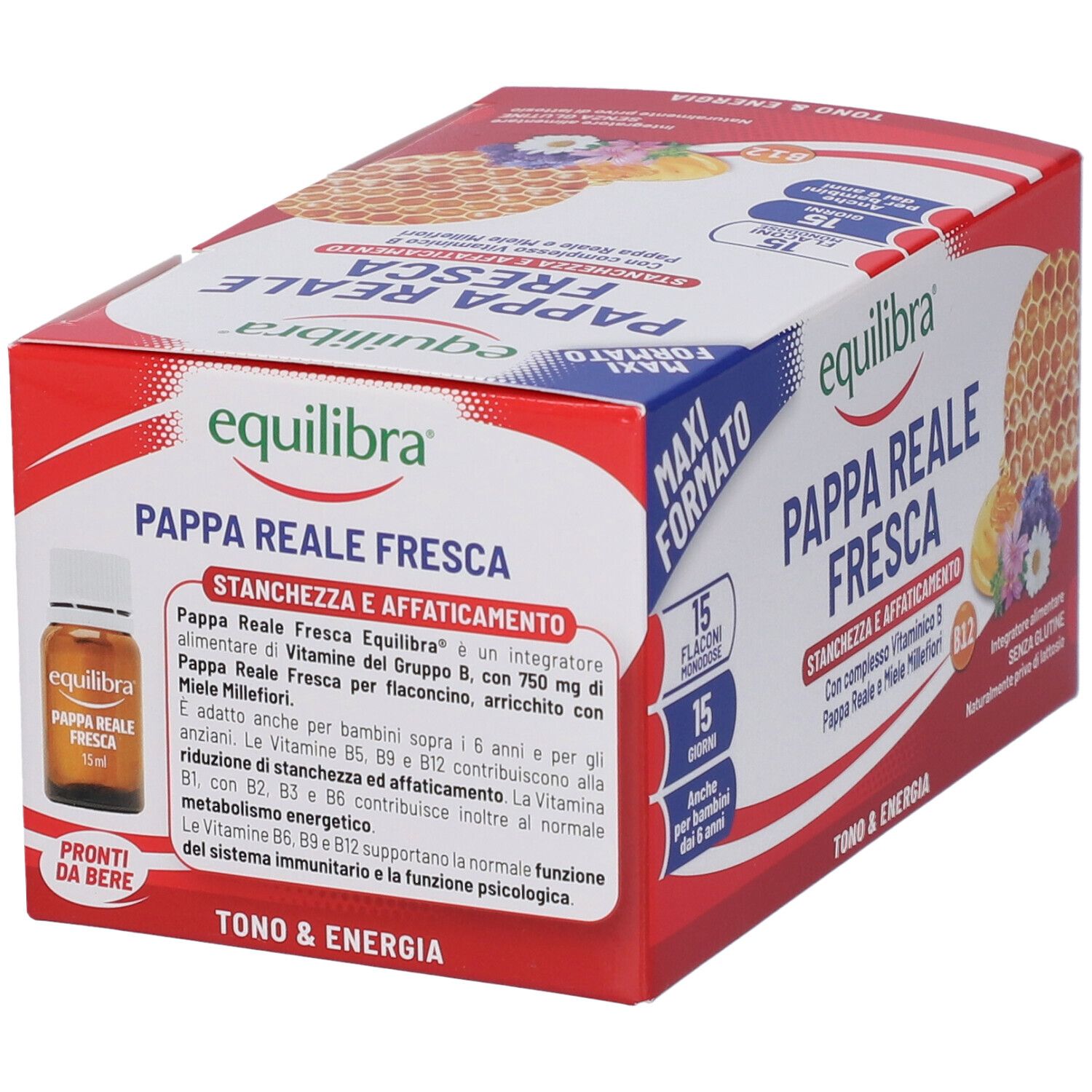 Confezione di Equilibra Pappa Reale Fresca. Contiene un flaconcino. Scatola rossa e bianca con nome e logo del prodotto.