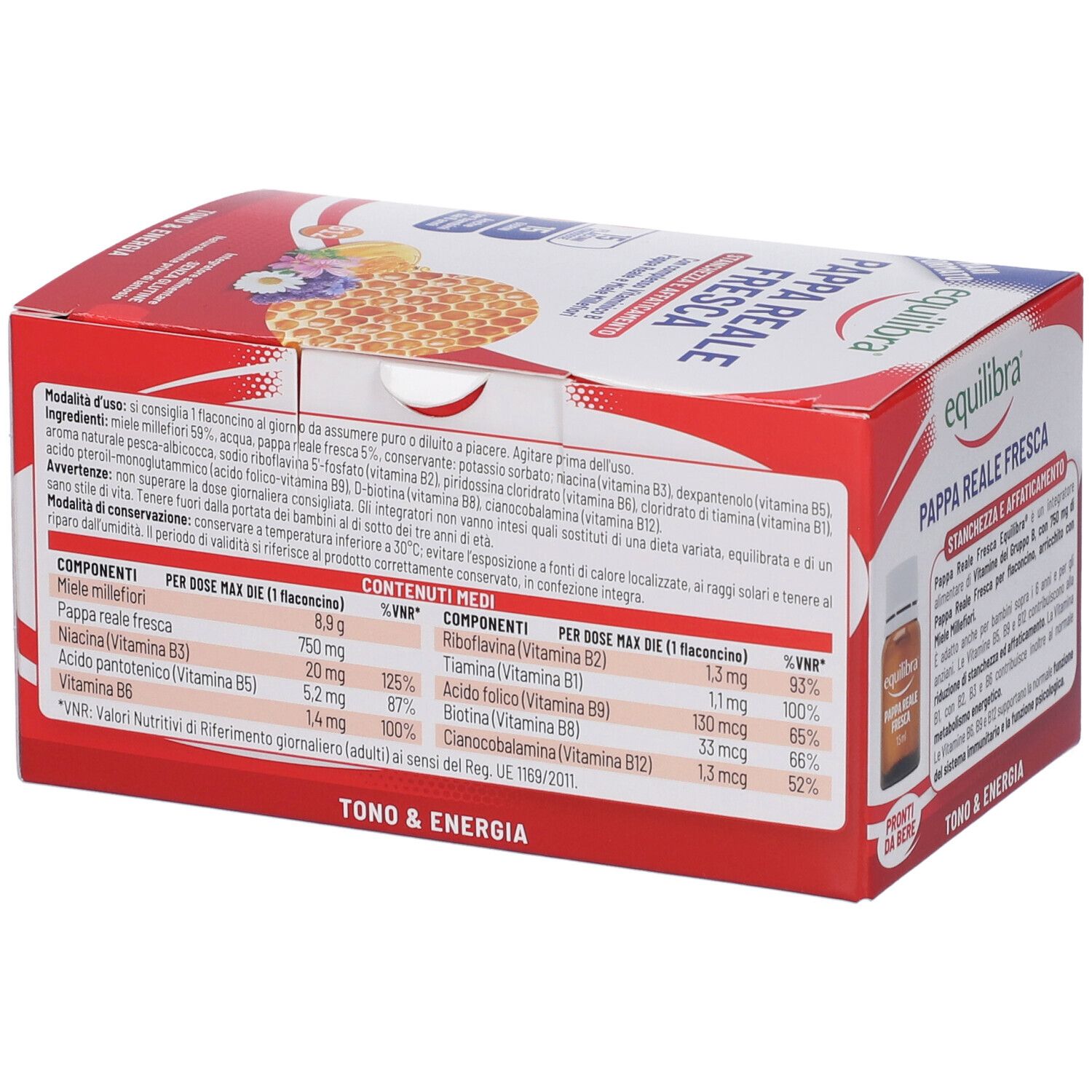 Retro della confezione di Equilibra Pappa Reale Fresca. Contiene informazioni sugli ingredienti e i valori nutrizionali.