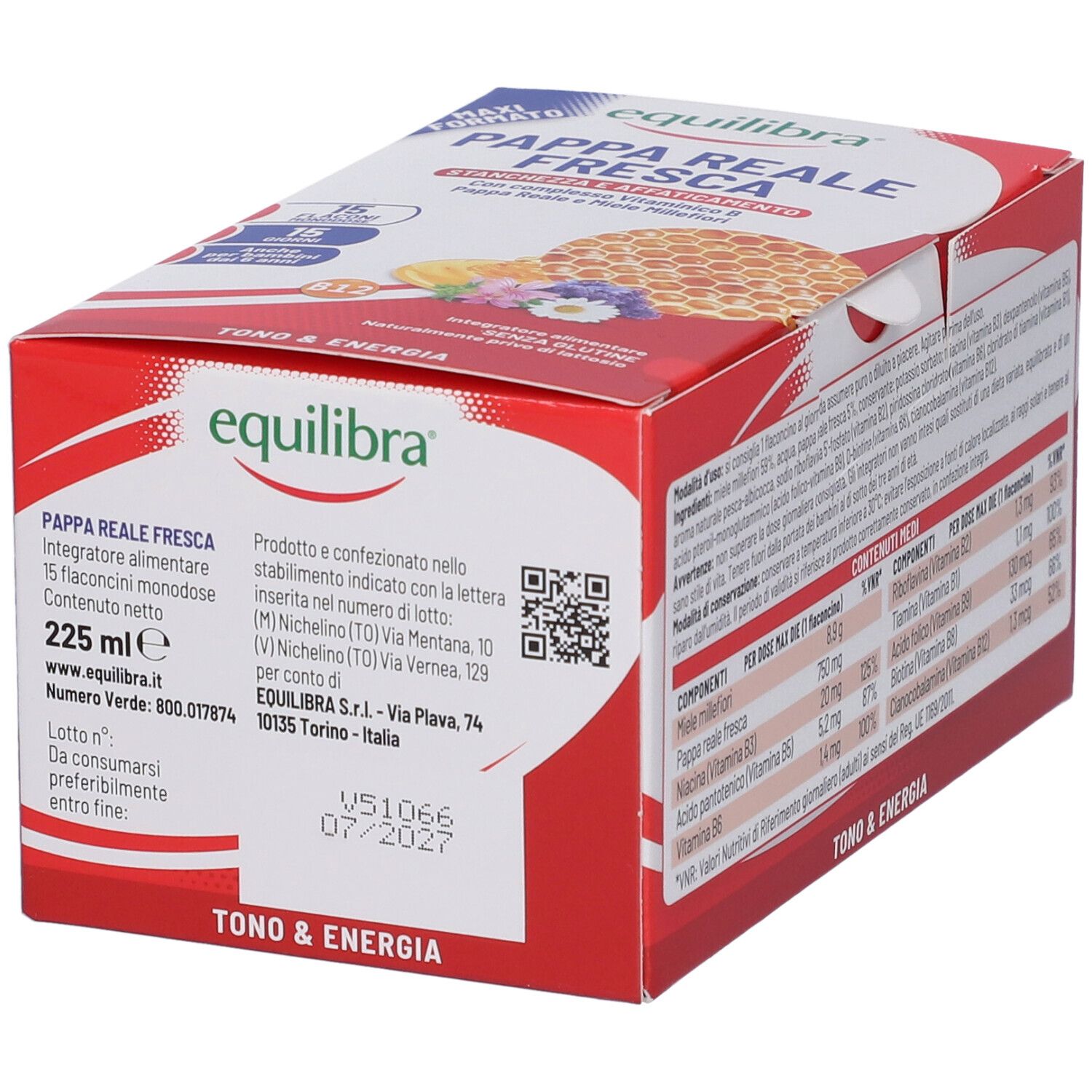 Confezione di Equilibra Pappa Reale Fresca. Contiene informazioni sulla produzione e la conservazione. 225 ml.