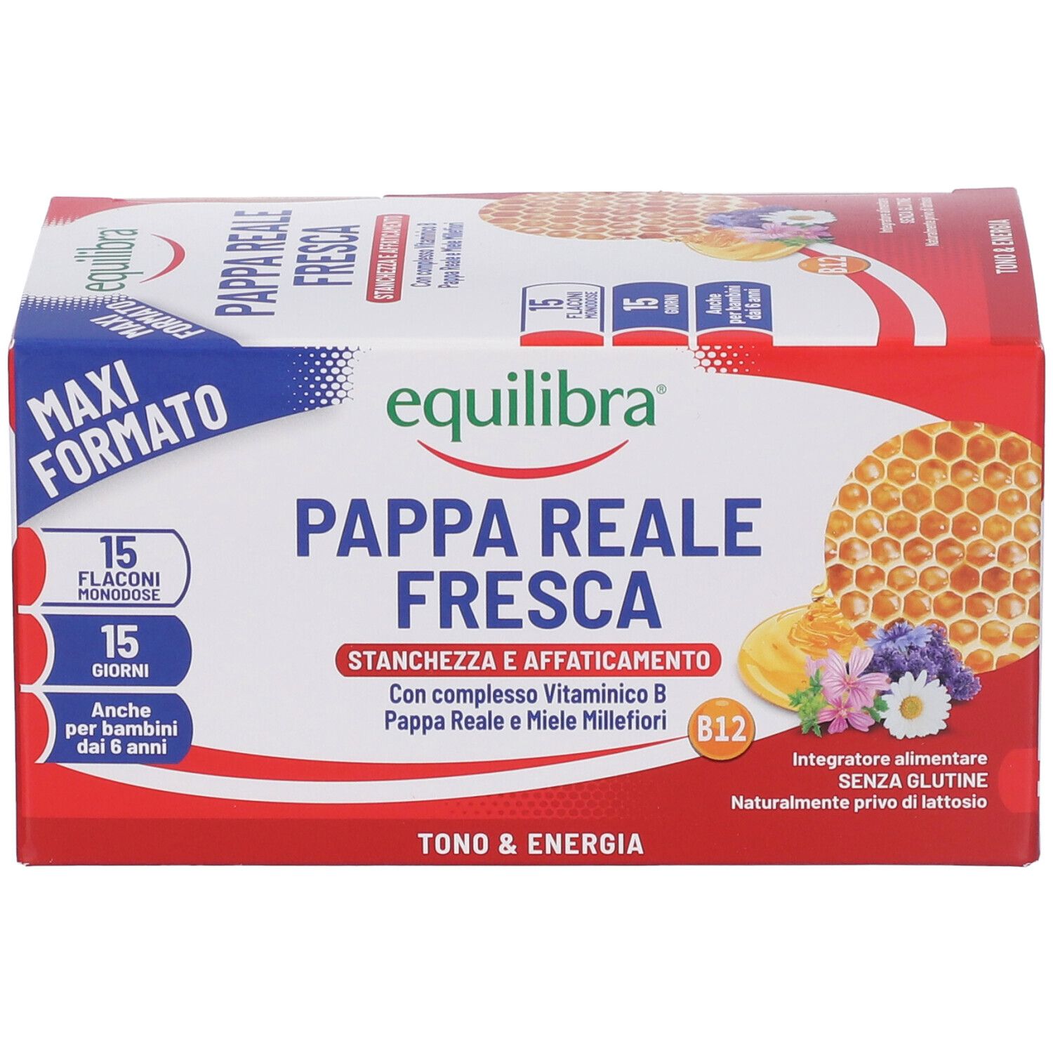 Confezione di Equilibra Pappa Reale Fresca. Scatola rossa e bianca con nome e logo del prodotto. Contiene 15 flaconcini.