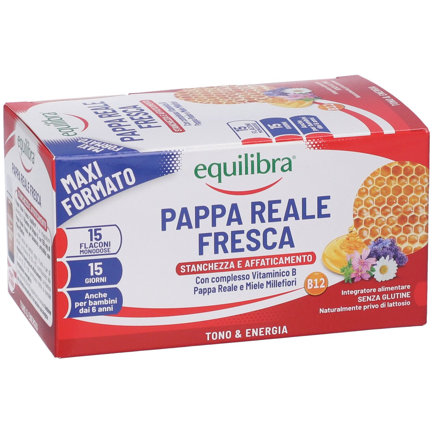 Confezione di Equilibra Pappa Reale Fresca. Scatola rossa e bianca con nome e logo del prodotto. Contiene 15 flaconcini.