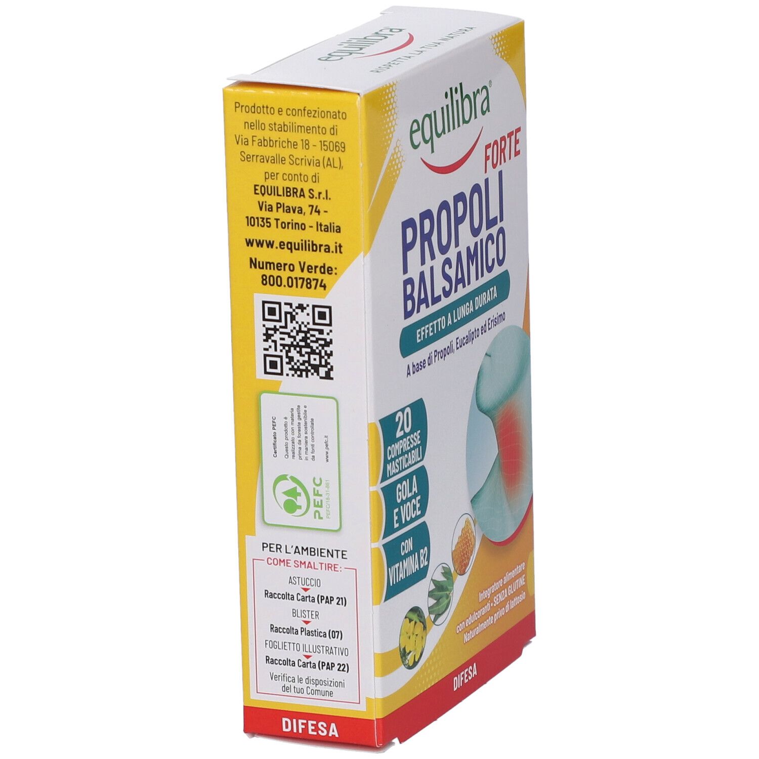 Vista angolata della confezione Equilibra Propoli Balsamico. Scatola gialla e bianca con testo e codice QR.
