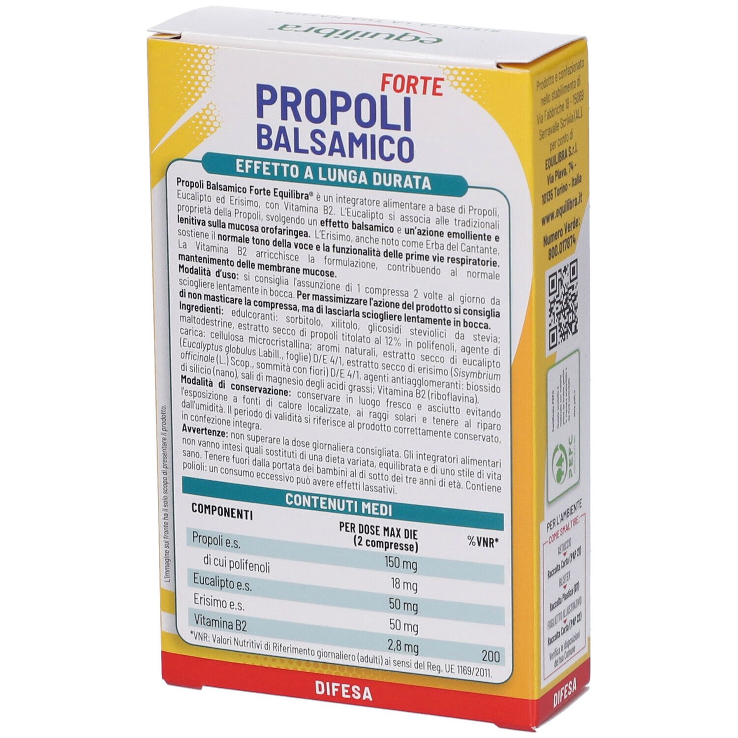 Retro della confezione Equilibra Propoli Balsamico. Contiene informazioni sugli ingredienti e i valori nutrizionali.