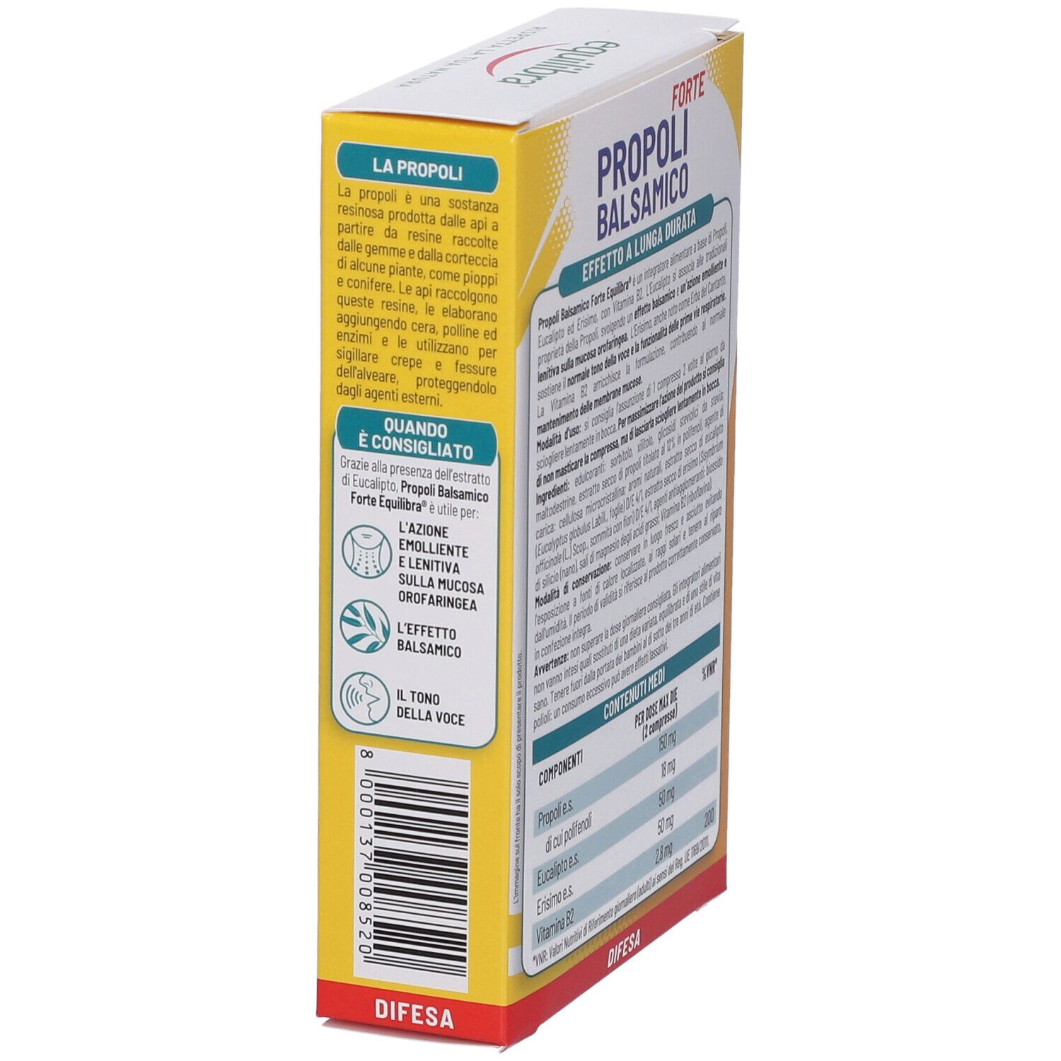 Lato della confezione Equilibra Propoli Balsamico. Testo sugli ingredienti e l'uso.