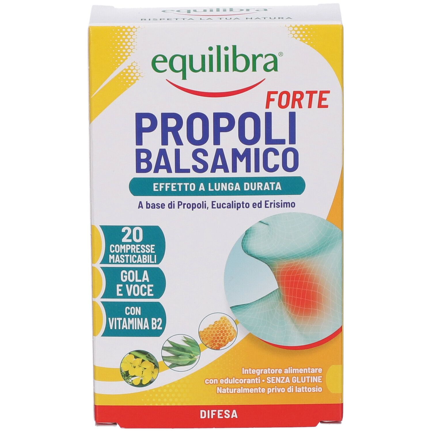 Confezione di Equilibra Propoli Balsamico Compresse Masticabili. Contiene 20 compresse. Con Propoli, Eucalipto e Vitamina B2.