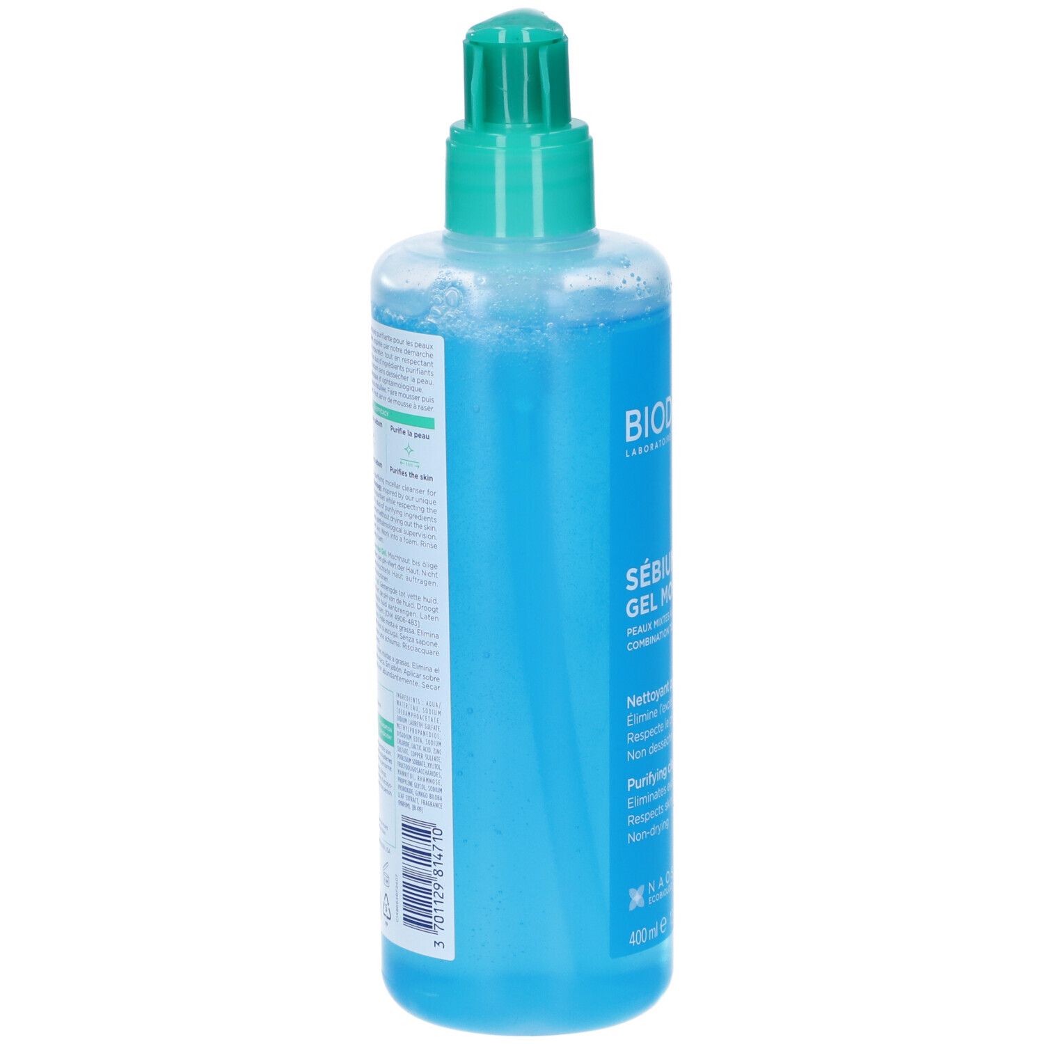 Retro del flacone di gel blu con tappo verde. Testo in francese. Codice a barre e altre informazioni.