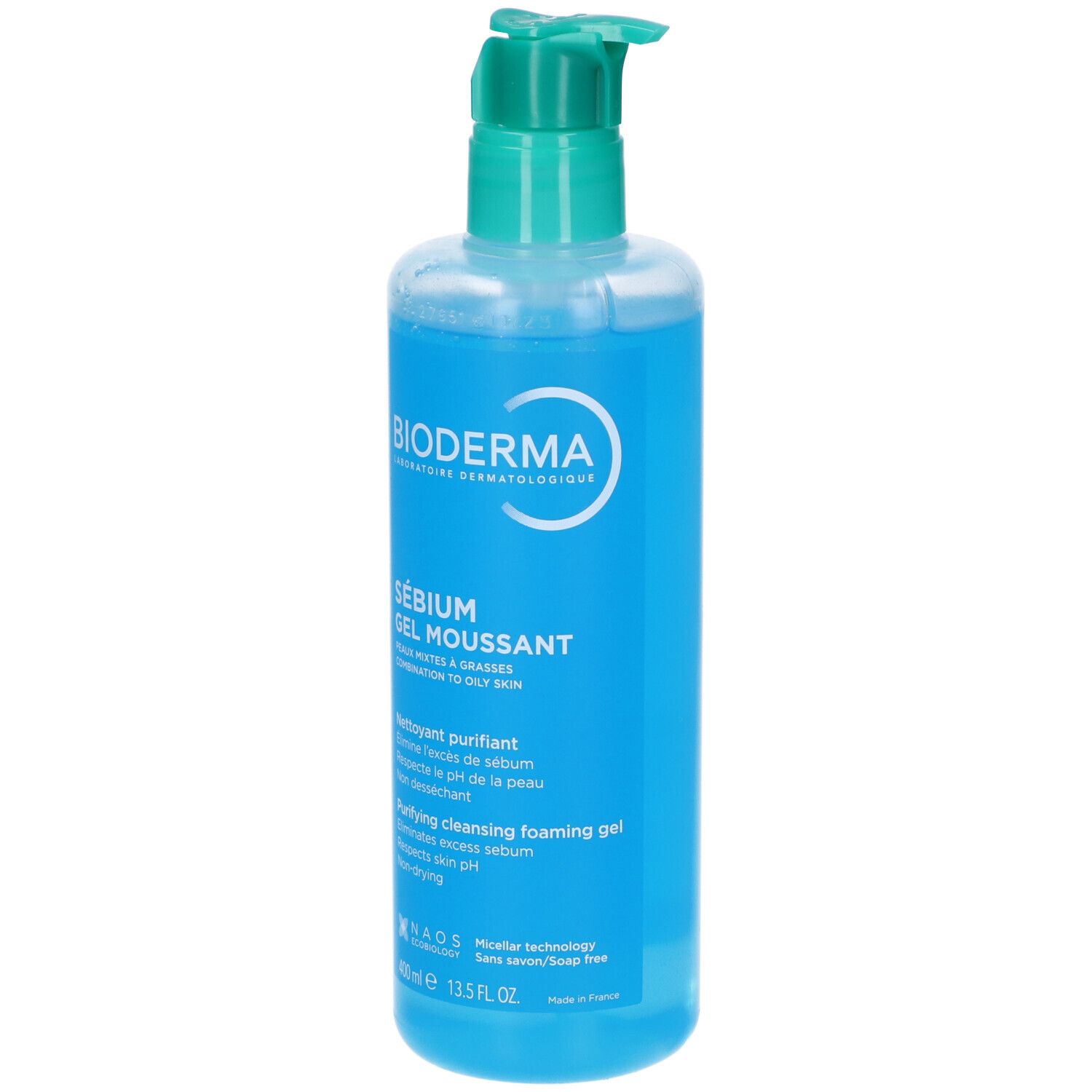 Gel blu in flacone con dosatore verde. Scritta: BIODERMA, Sébium Gel Moussant. Testo in francese e inglese.