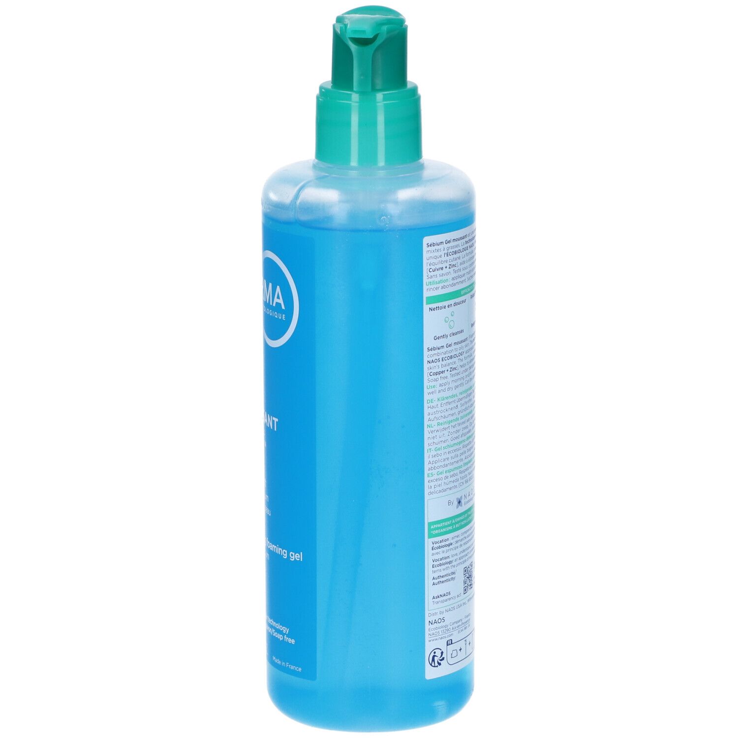 Retro del flacone di gel blu con tappo verde. Testo in francese. Informazioni sugli ingredienti e l'uso.