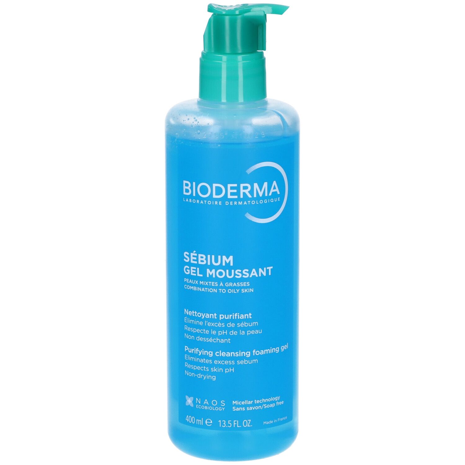 Gel blu in flacone con dosatore verde. Scritta: BIODERMA, Sébium Gel Moussant. Testo in francese e inglese.
